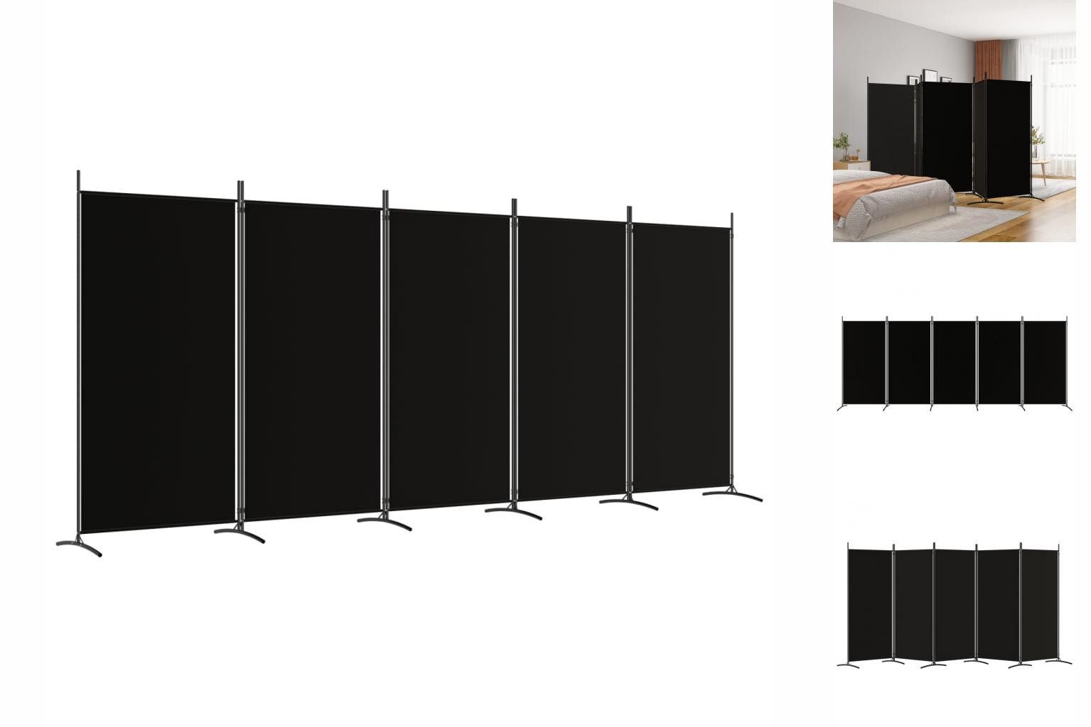 vidaXL Paravent 5-tlg Paravent Schwarz 433x180 cm Stoff Spanische Wand Raumteiler