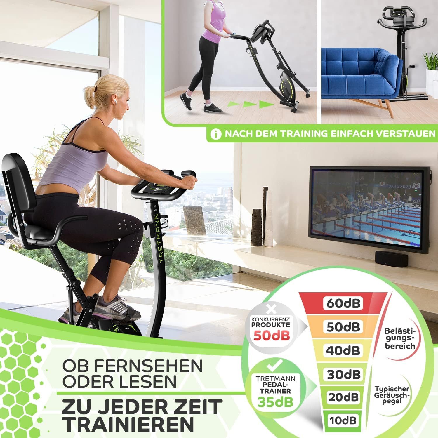 Tretmann Heimtrainer - 3in1 Heimtrainer Fahrrad klappbar -extra leise & komfortabel (1-tlg), DEKRA geprüft - mit tiefem Einstieg Hometrainer Fahrrad