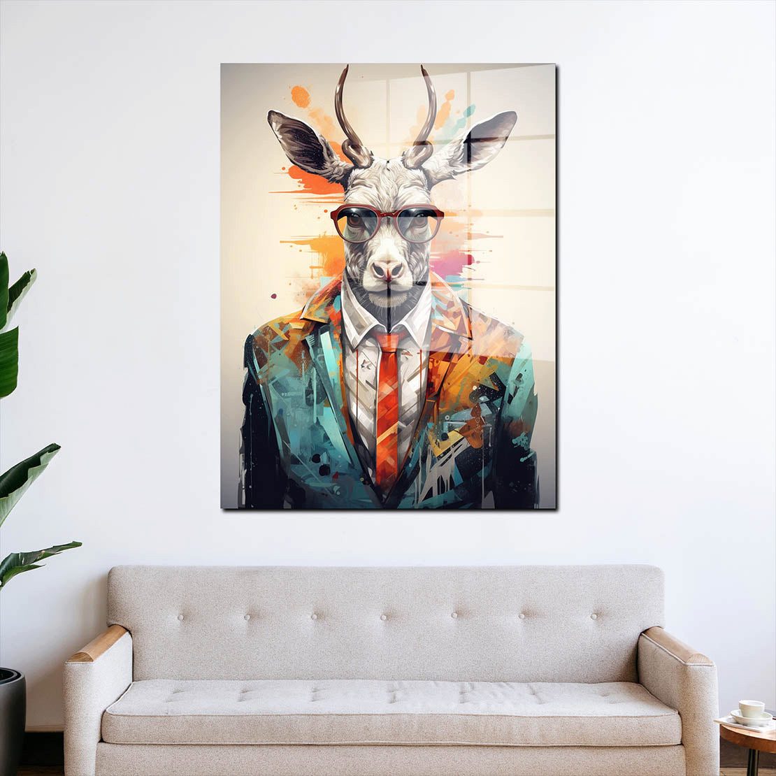 Artedinoi Acrylglasbild Pop Art Hirsch im Anzug und Brille Acrylglas Wandbild Bild Wanddeko Wo