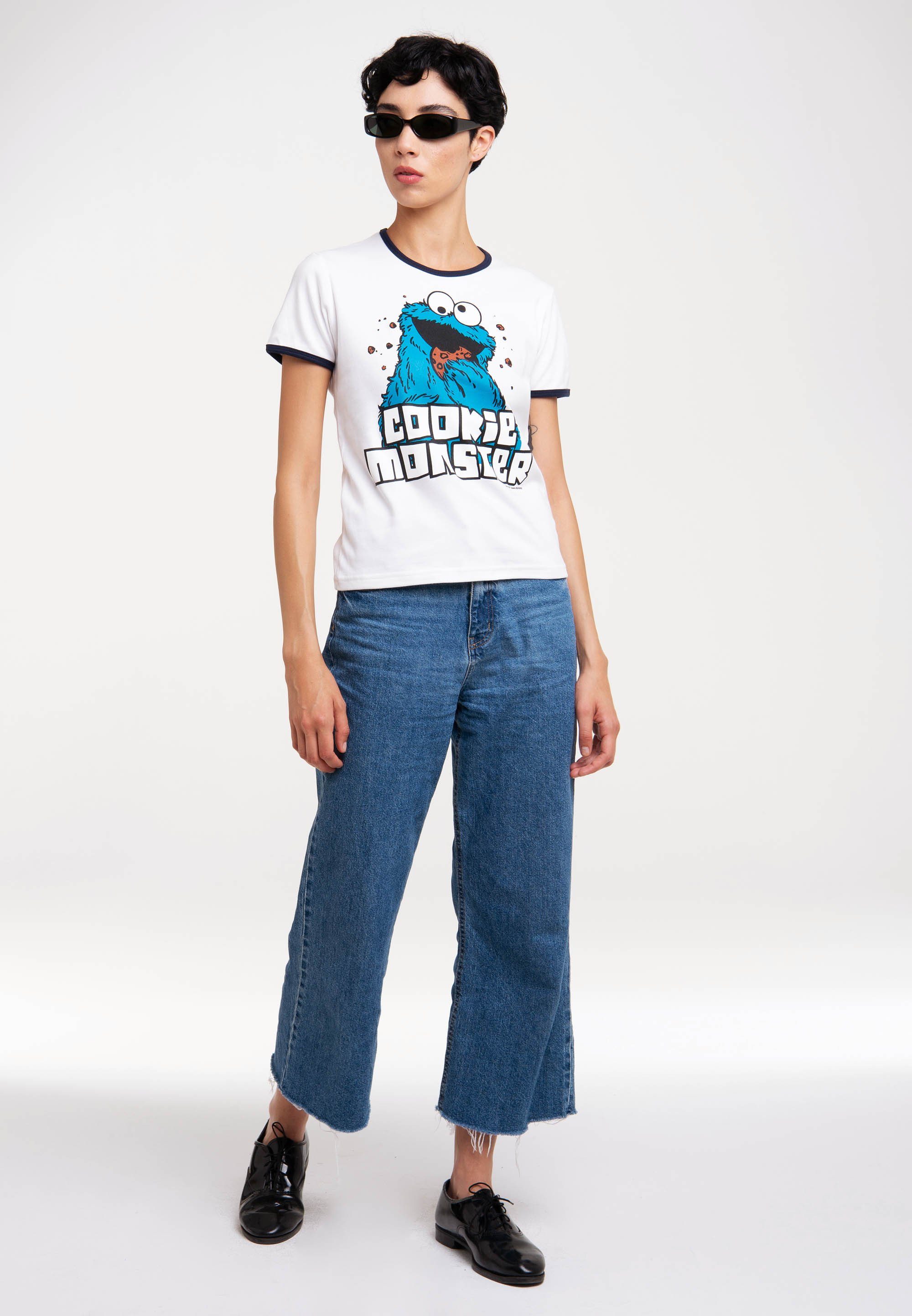 T-Shirt Print weiß, Sesamstrasse mit - Krümelmonster LOGOSHIRT lizenziertem dunkelblau