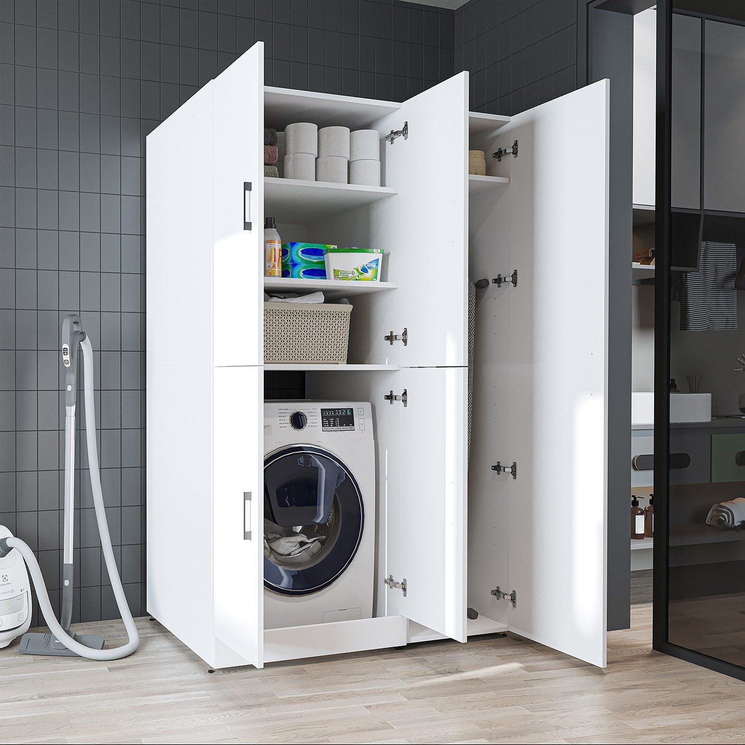 Roomart Waschmaschinenumbauschrank DORA 115 cm Waschmaschinenschrank + Hochschrank, 2 Höhen, in 5 Farben (für Waschmaschine & Trockner mit Regalboden, Waschmaschinenschrank mit Hochschrank – 2 Höhen, 2 Regalboden-Optionen) 130 kg Belastbarkeit, Hochschran