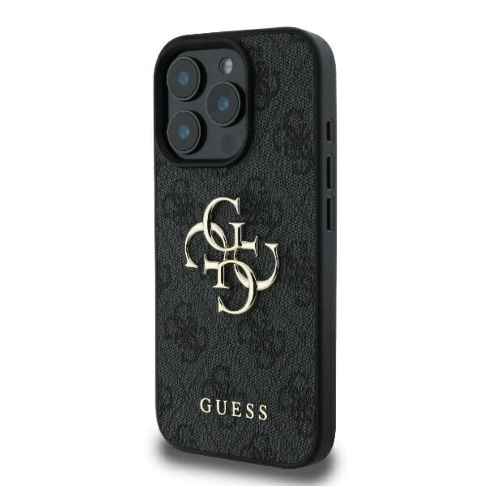 Guess Handyhülle iPhone 16 Pro Max Kunstleder grau Big Logo goldfarbig 6,9 Zoll, Kantenschutz