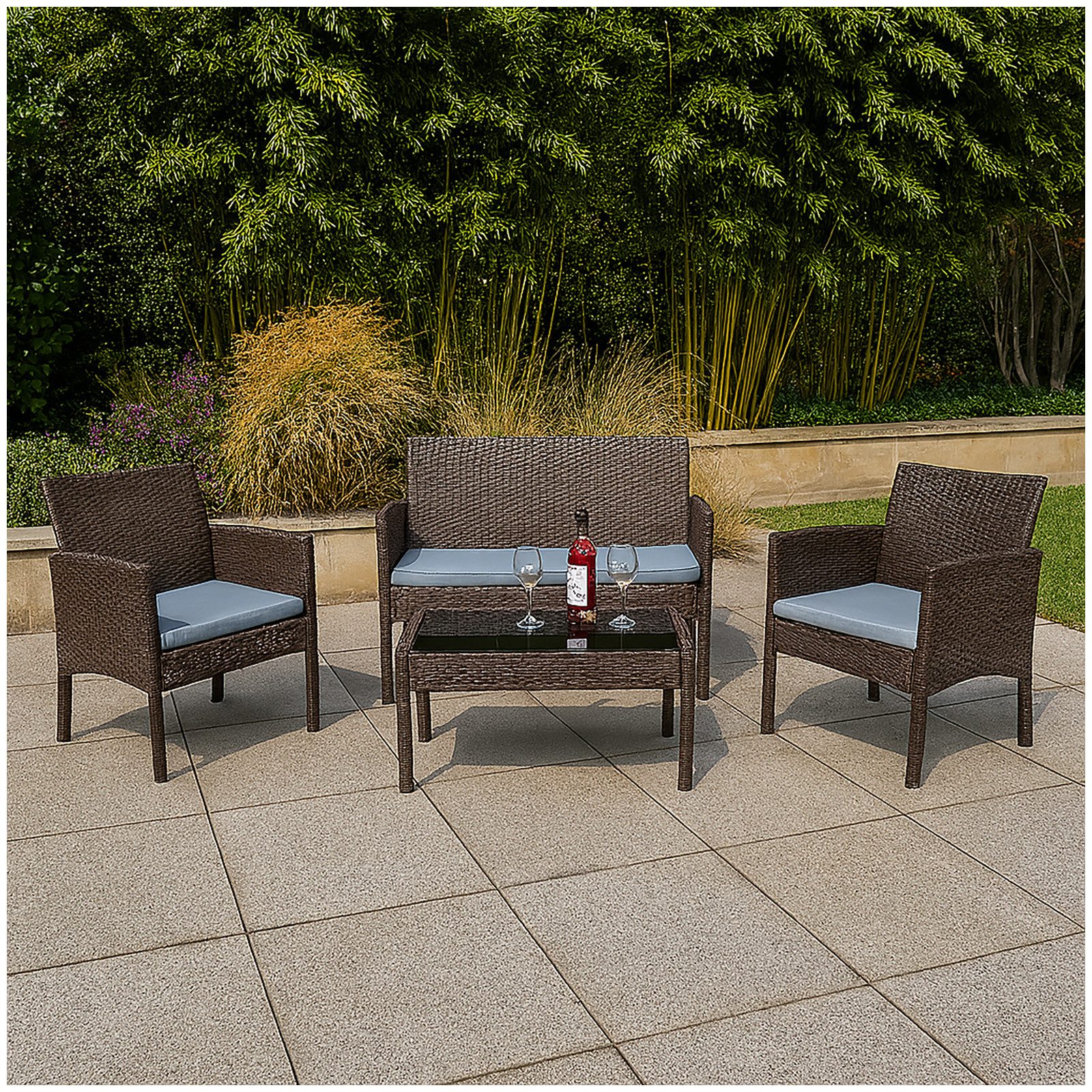 HTI-Living Garten-Essgruppe 4-teiliges Polyrattan Lounge-Set mit Tisch, (Set, 4-tlg., 1x Zweisitzer, 2x Stuhl, 1x Tisch), Terrassenmöbel Loungemöbel Outdoor Möbel