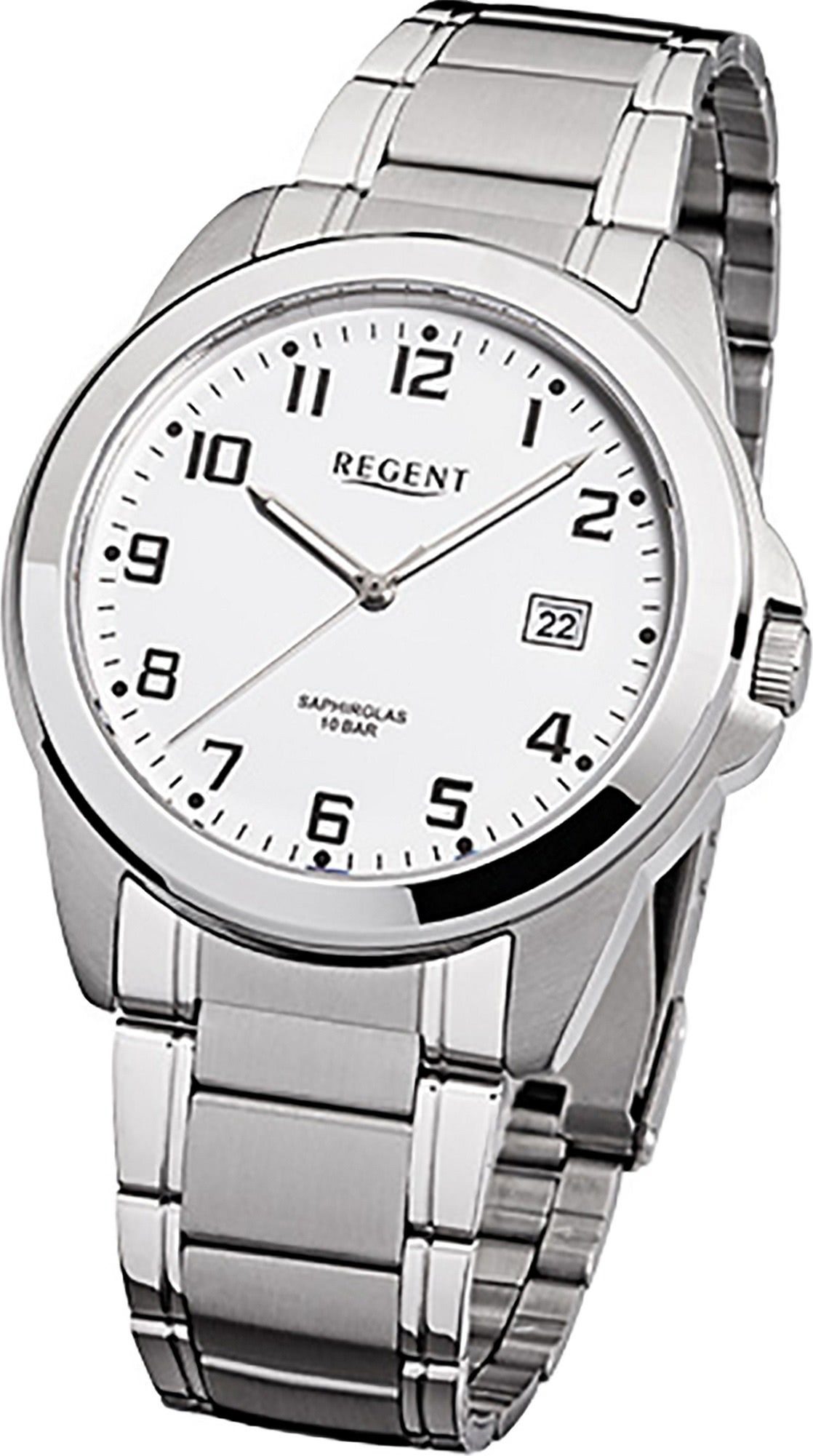 Regent Quarzuhr Regent Herren rundes Quarzuhr, (ca. Herrenuhr Stahl Uhr mittel F-923 mit Edelstahlarmband, Gehäuse, 39mm), Ele