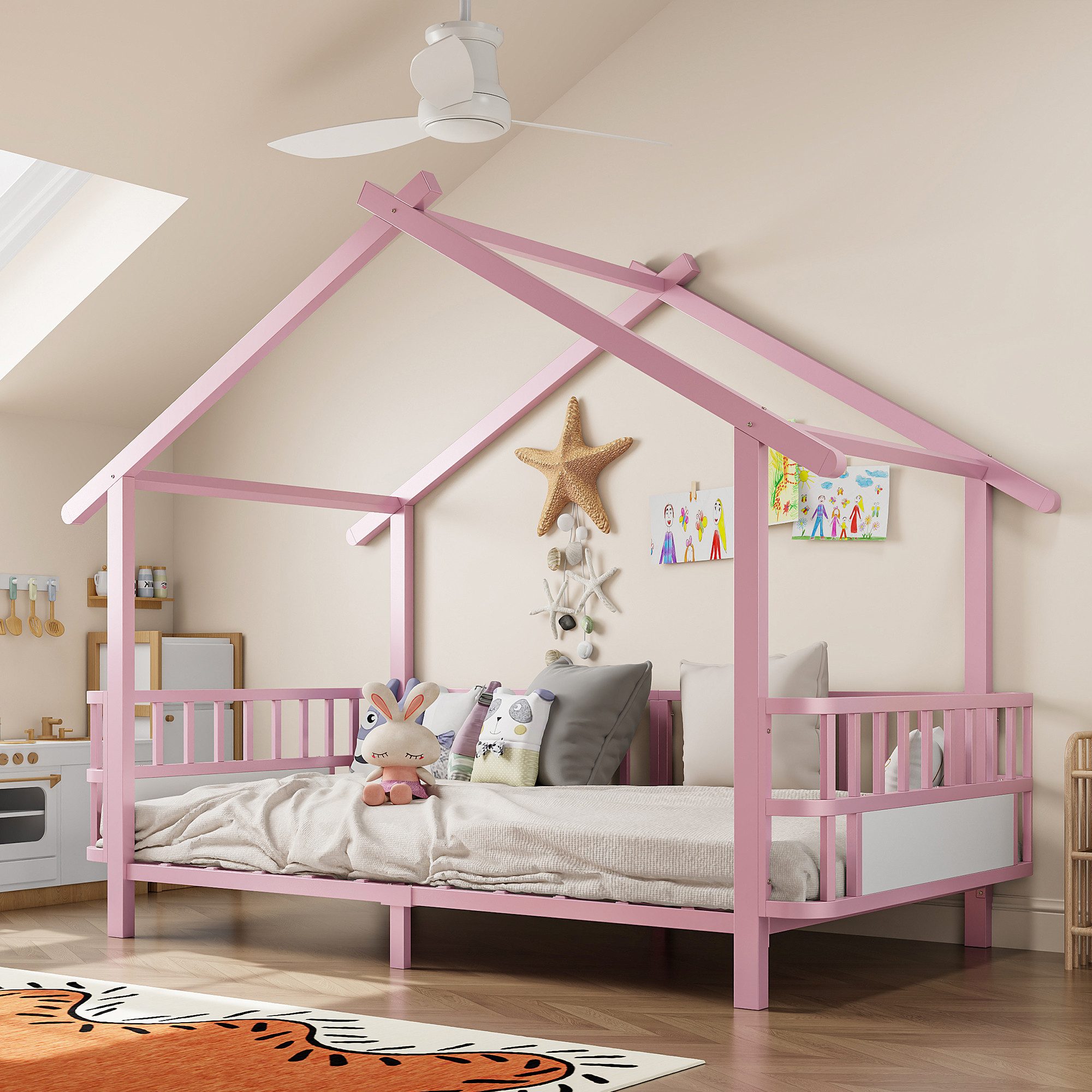 Odikalo Bettgestell Kinderbett Jugendbett Doppelbett 90/140×200 Ohne Matratze (Hausform mit Sicherheitsgitter Dachdesign und dekorativem Rahmen für Jungen und Mädchen(Ohne LED-Leuchten)