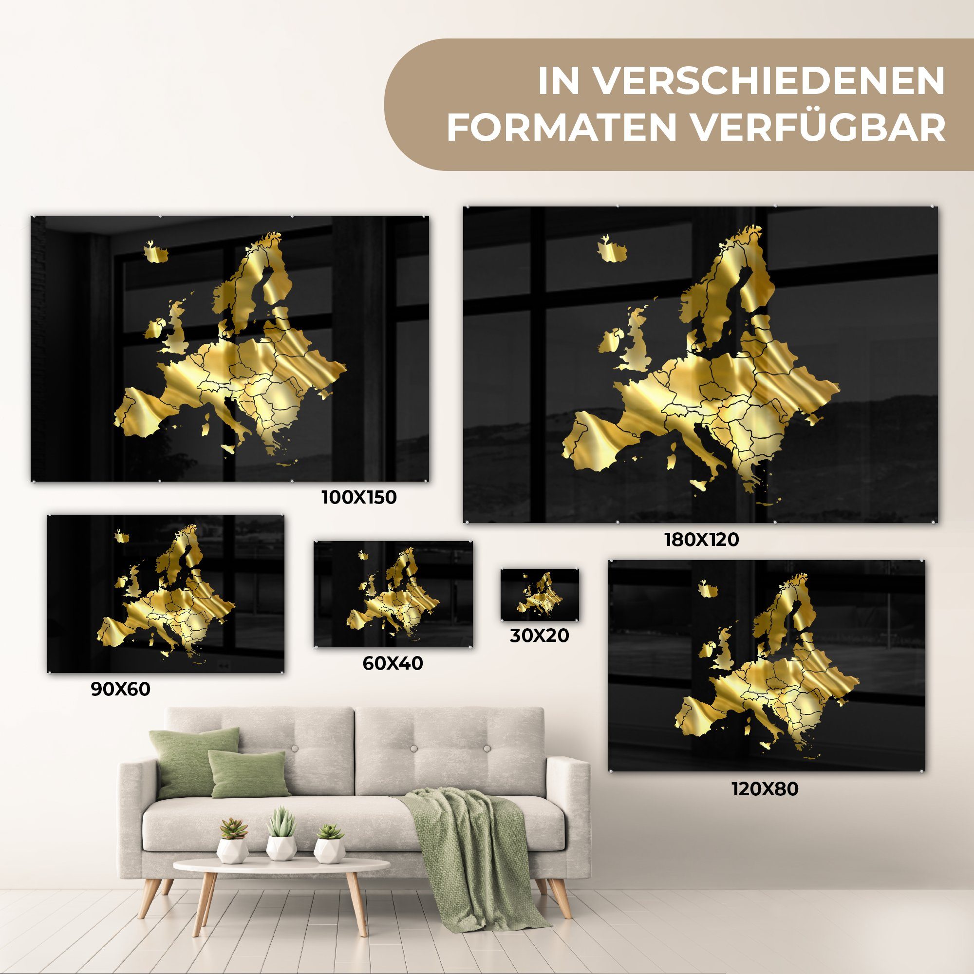 MuchoWow Karte Gold, von Wohnzimmer & St), (1 Acrylglasbilder Schlafzimmer Europa - Acrylglasbild