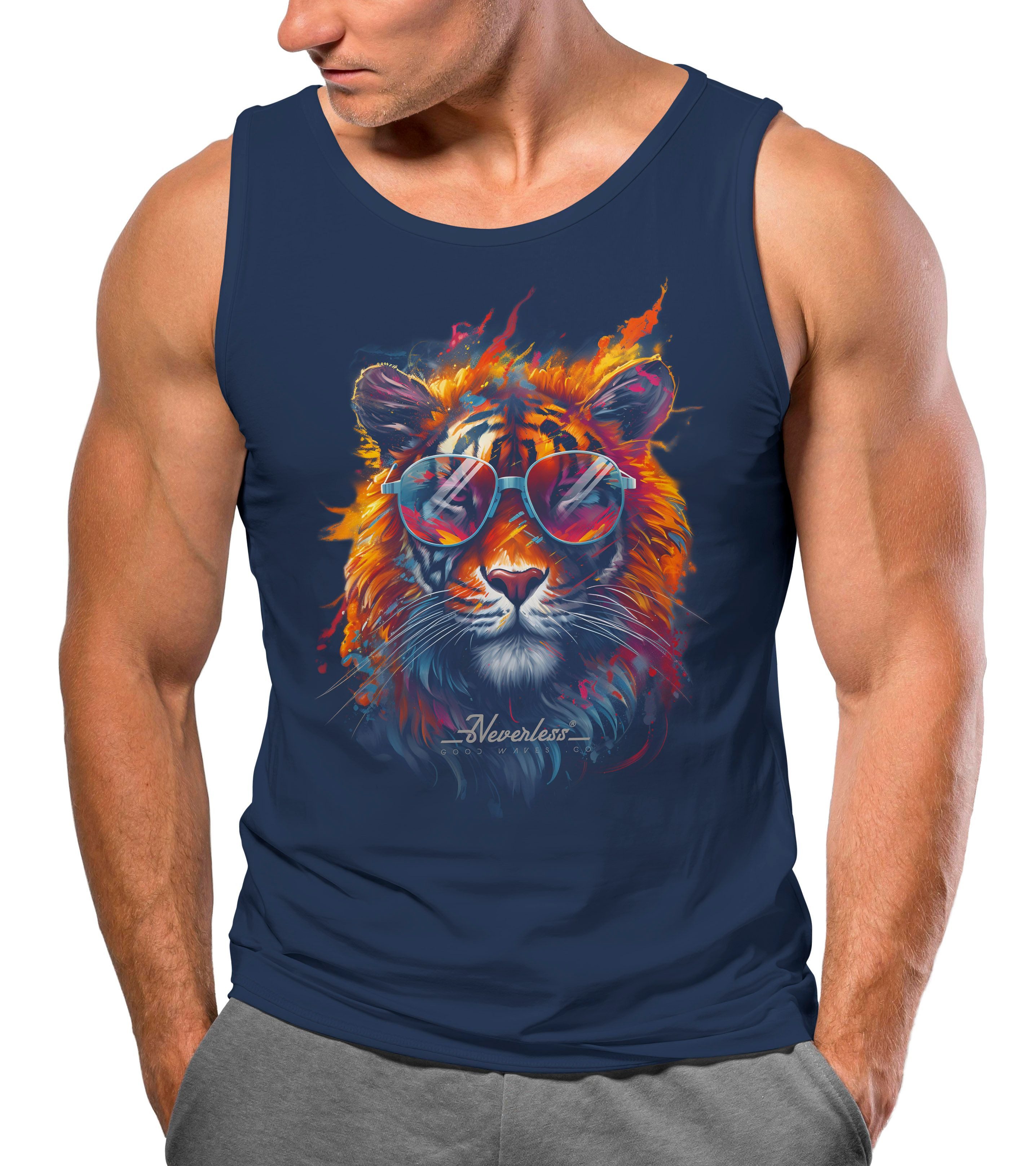 Neverless Tanktop Herren Tank-Top Tiger Print Aufdruck Flammen Sommer Sonnenbrille mit Print
