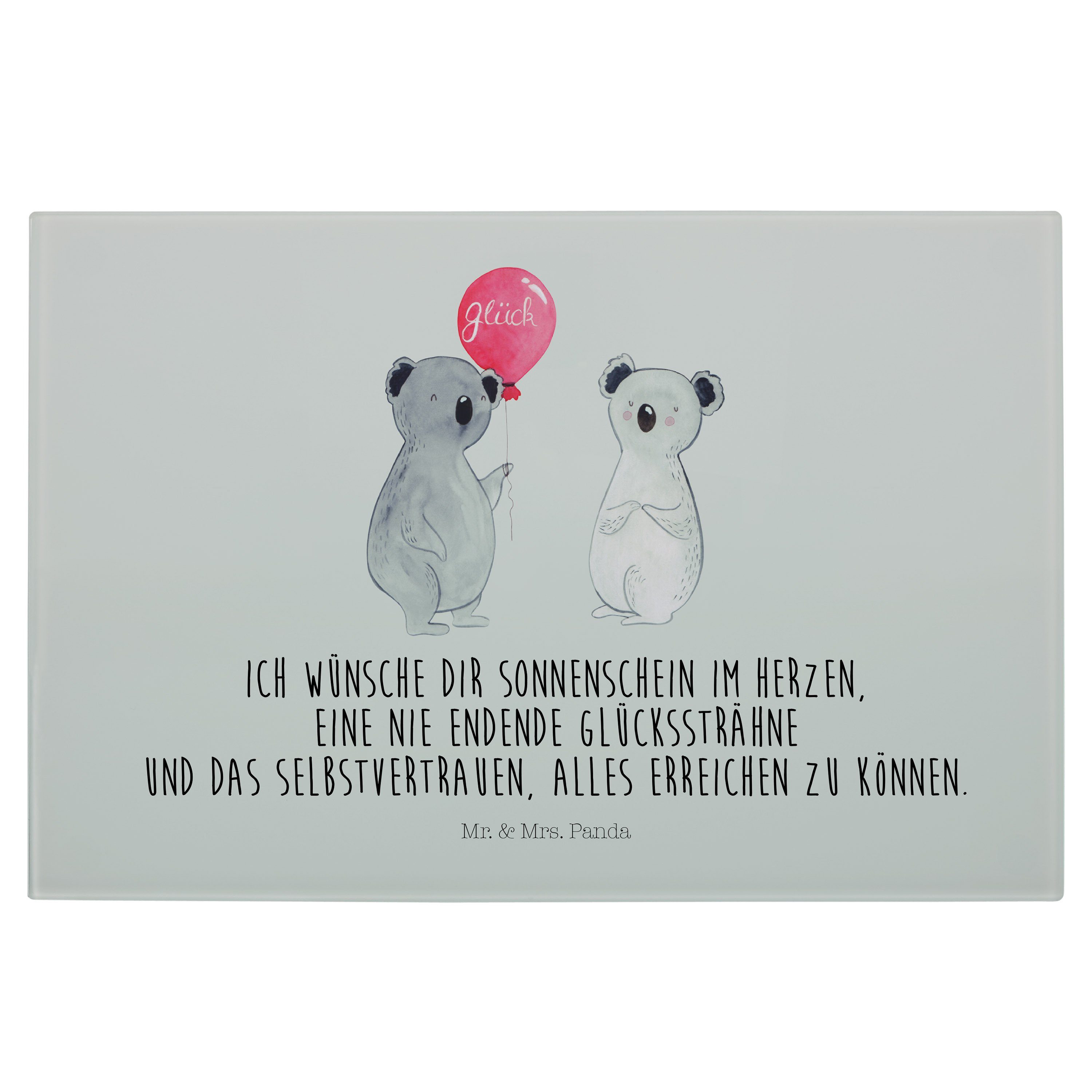Mr. & Mrs. Panda Servierbrett Koala Luftballon - Grau Pastell - Geschenk, Geburtstag, Glasschneideb, Premium Glas, (1-St)