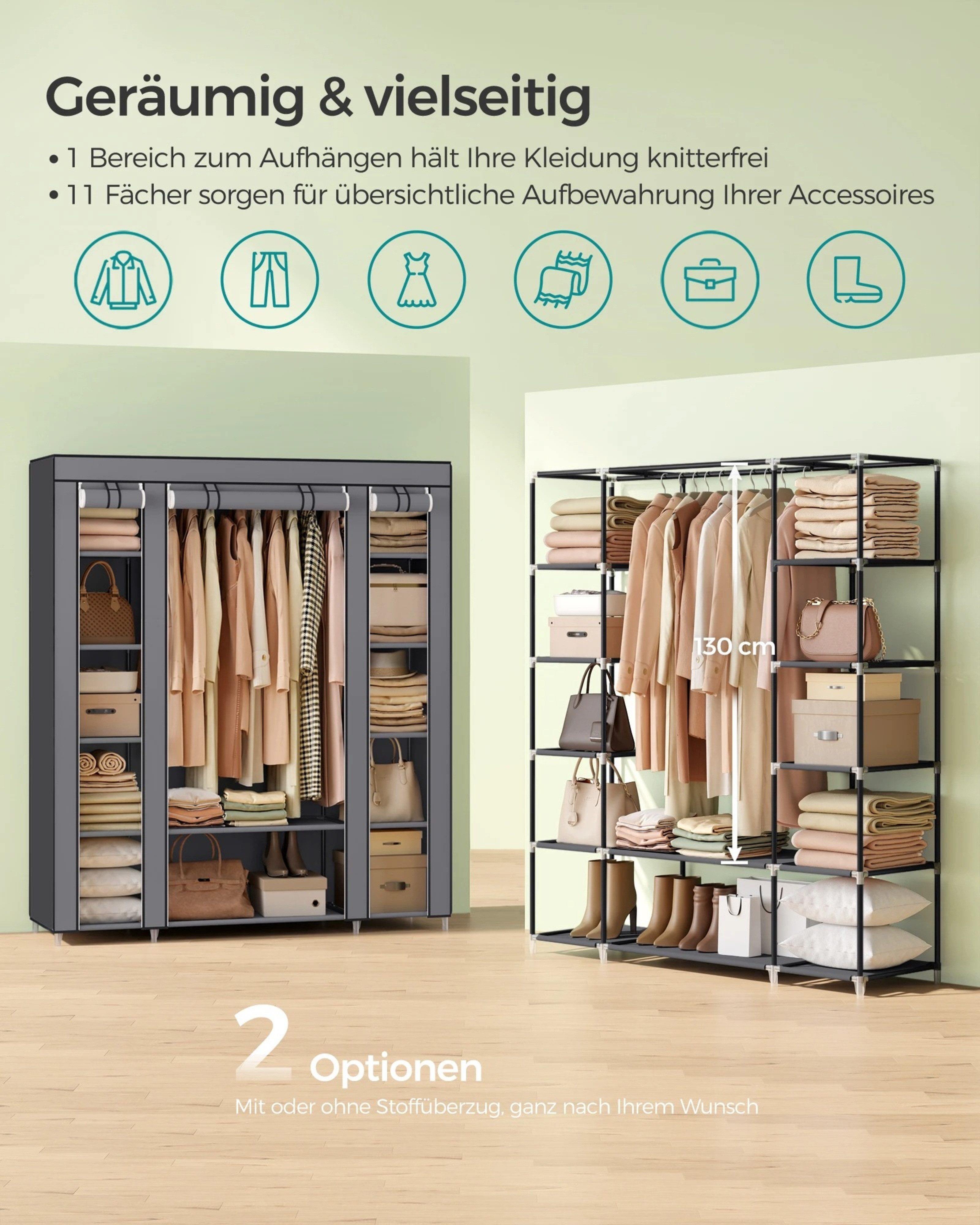 Nagham Ghazal Aswad Kleiderschrank Kleiderschrank mit Kleiderstange, Ablagen, Stoffschrank 2025 Leicht zu reinigen, 12 Fächer für optimale Ordnung – Bild 4 von 5