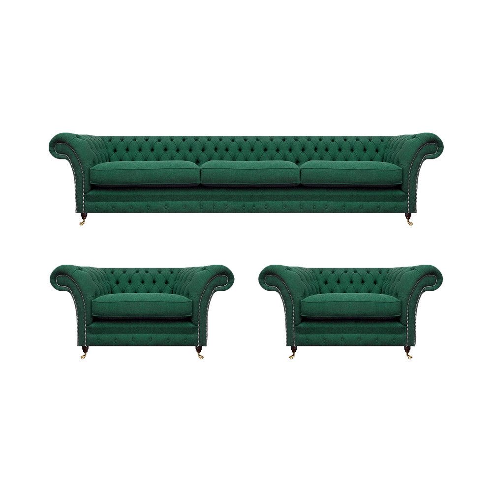 JVmoebel Chesterfield-Sofa Wohnzimmer Luxus Sofa Set 3tlg Grün Designer Einrichtung Chesterfield, 3 Teile, Made in Europa