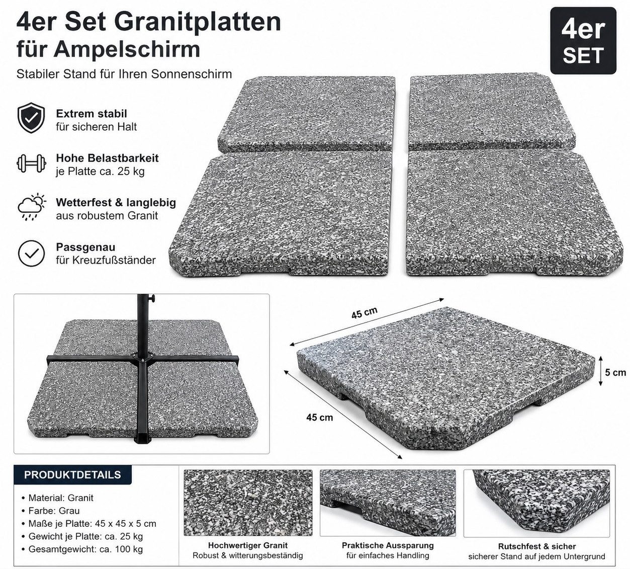 Gardissimo Schirmständer-Platte Granit Beschwerer Platten New Rock 4 x 30 kg Sonnenschirm Ampelschirm, Apmelschirme, Sonnenschirme, Kreußfußständer, (Spar-Set, 4-tlg., 4 Platten), 4 Stück / wetterfest / langlebig