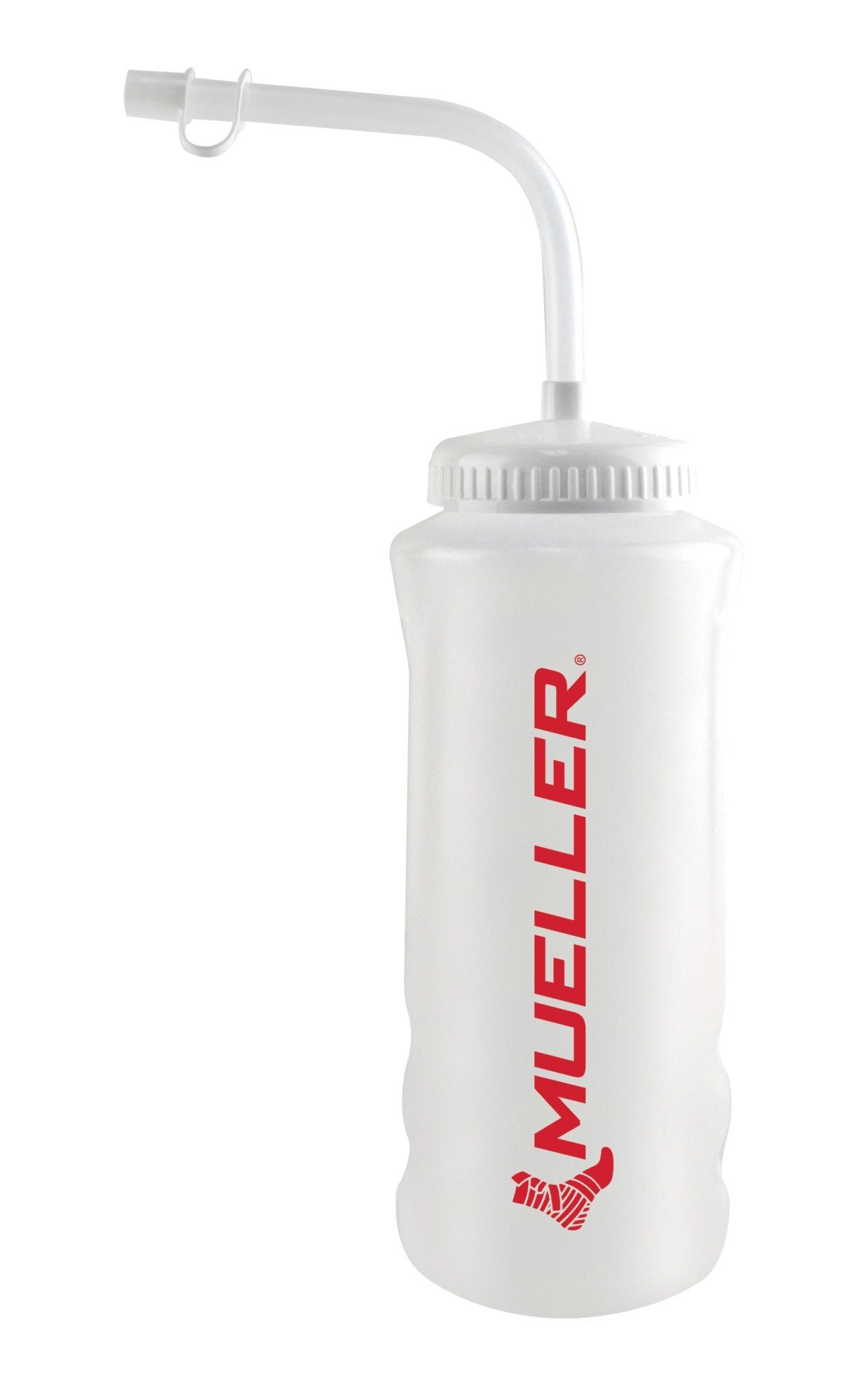 Mueller Sports Medicine Trinkflasche Natur, Logo Mueller und Rot Trinkhalm mit