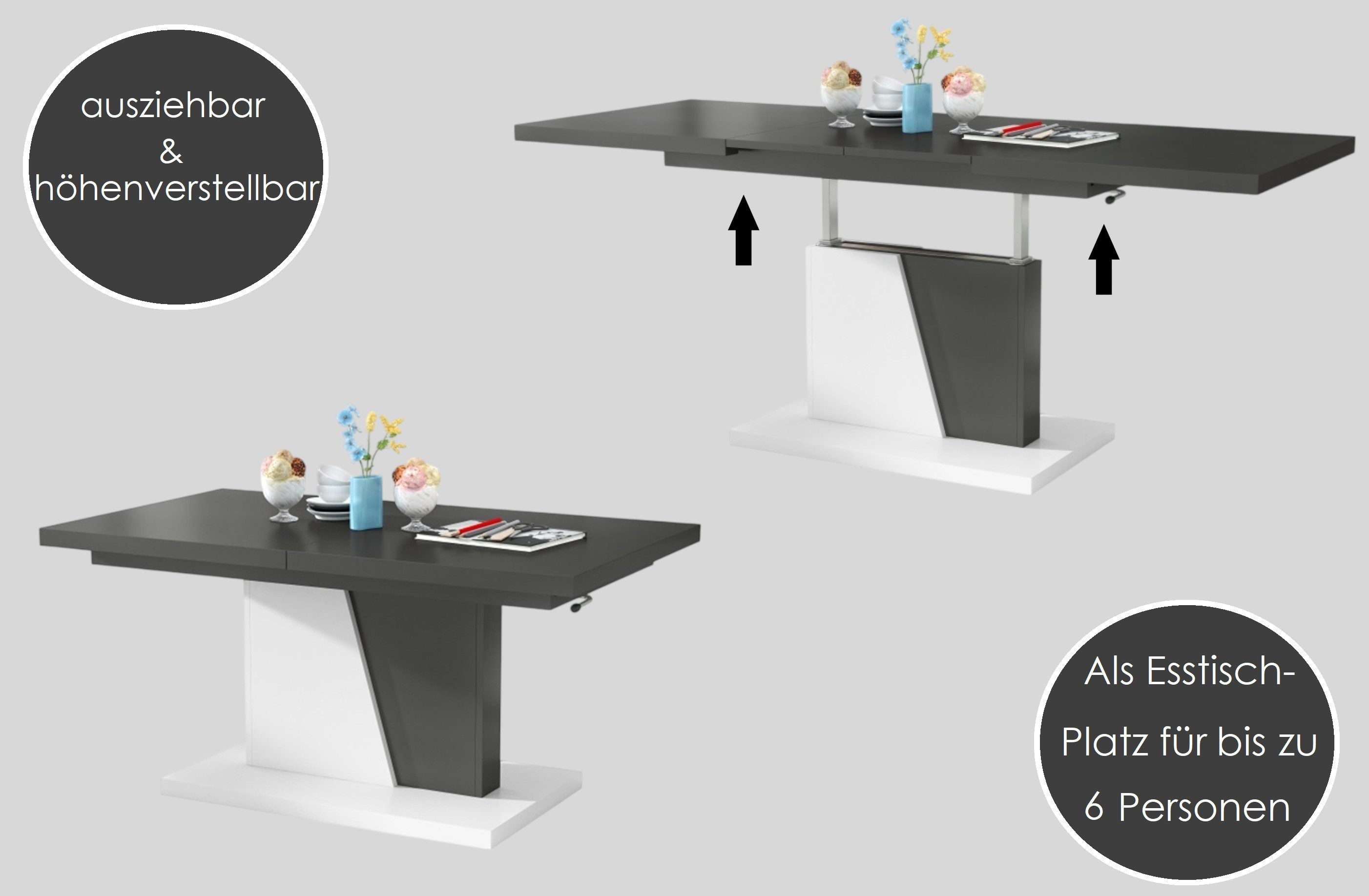 Mazzoni Couchtisch Grand Noir Beton-Schwarz stufenlos höhenverstellbar ausziehbar 120-180, Funktionstisch, Wohnzimmertisch, Tisch, Esstisch, Sofatisch