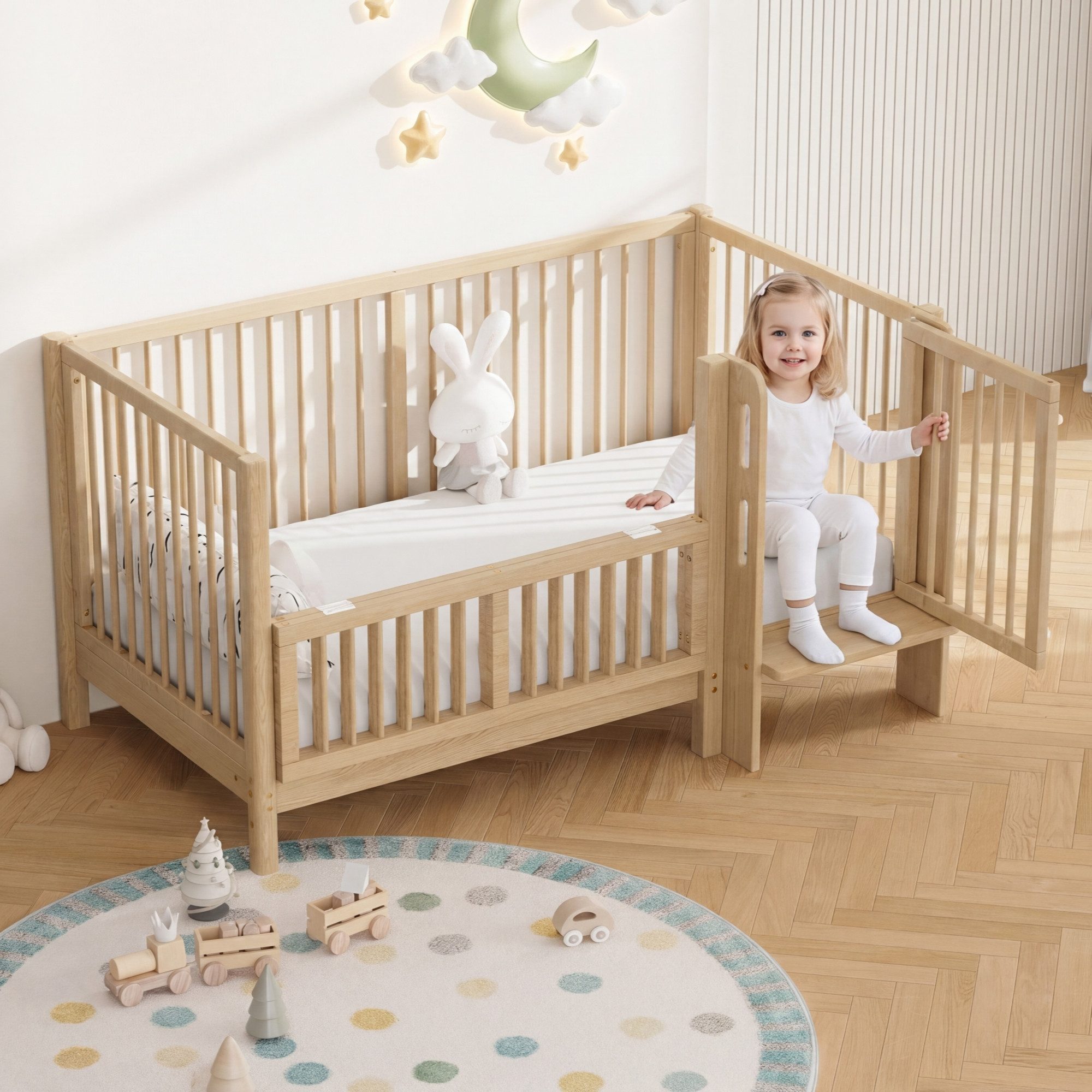 Merax Babybett Babybett Gitterbett 140x70 cm, Kinderbett aus Massivholz, 1-tlg., umwandelbar in Anstellbett, mit Schutzgeländer, Sicherheitsverschluss