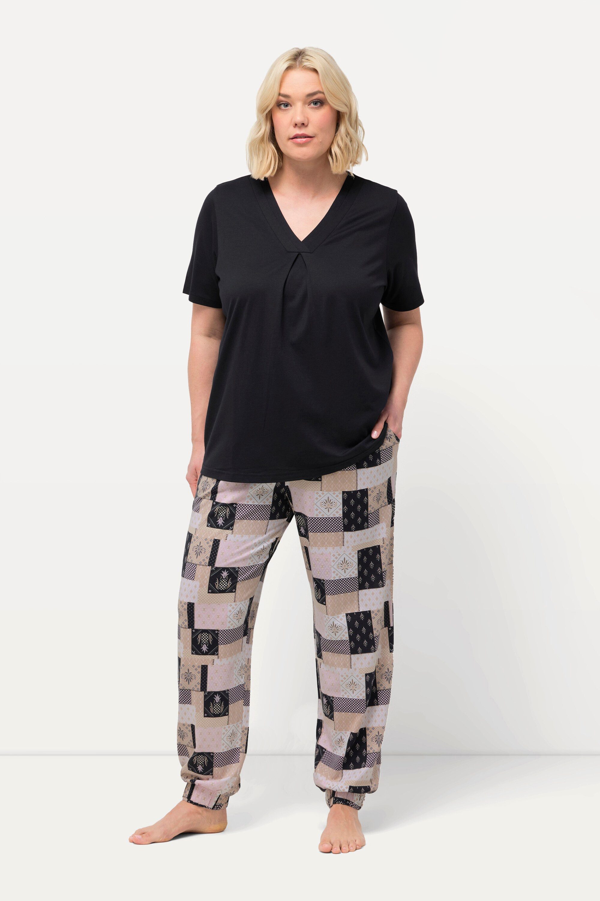 Ulla Popken Pyjama Schlafanzug V-Ausschnitt Halbarm günstig online kaufen