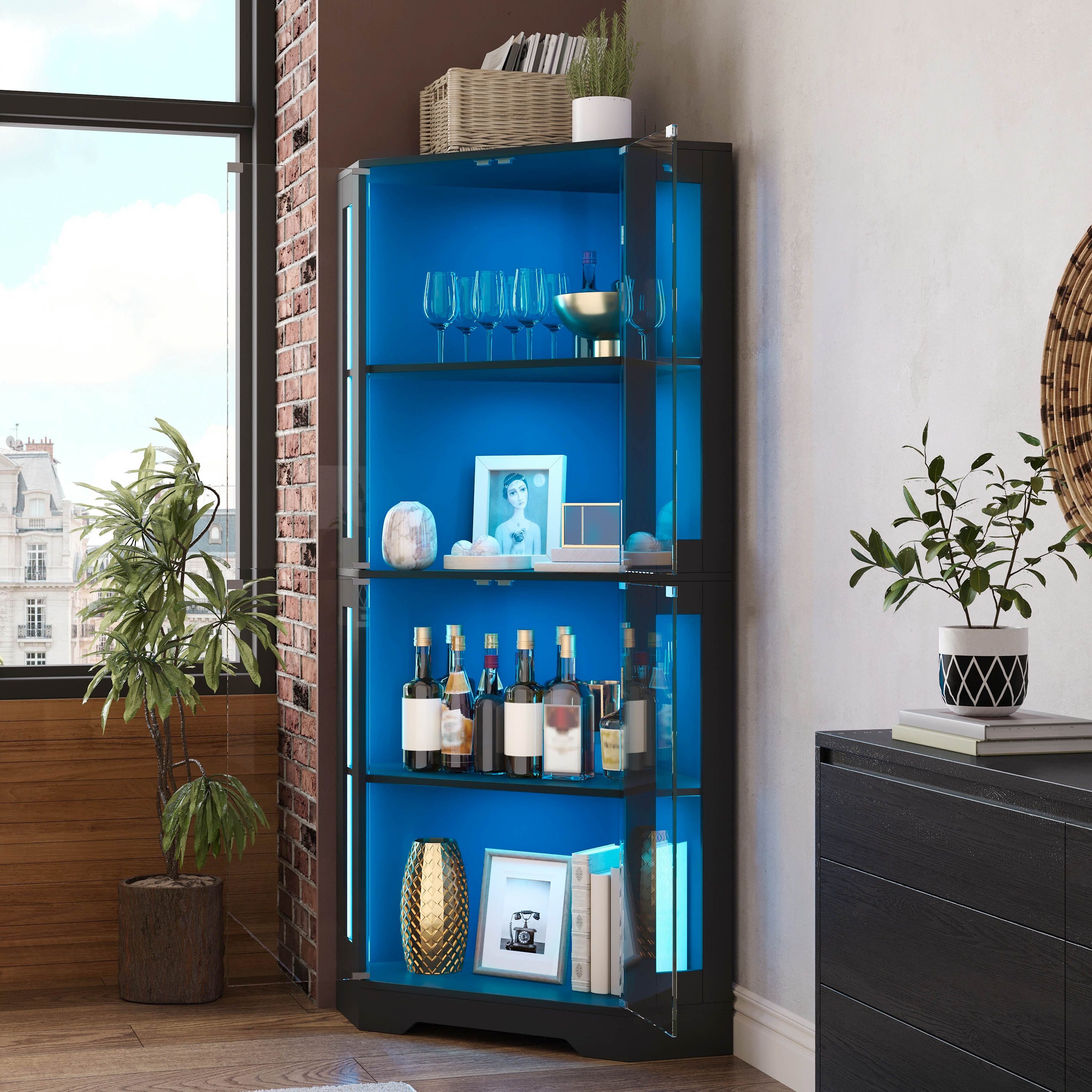 Flieks Glasvitrine Eckschrank Hochschrank mit LED-Beleuchtung, 4 Ebenen, Glastüren (56x36,5x165 cm, 1-St., Wohnzimmerschrank Küchenschrank) multifunktional Eckvitrine mit verstellbarer Ablagen Mehrzweckschrank