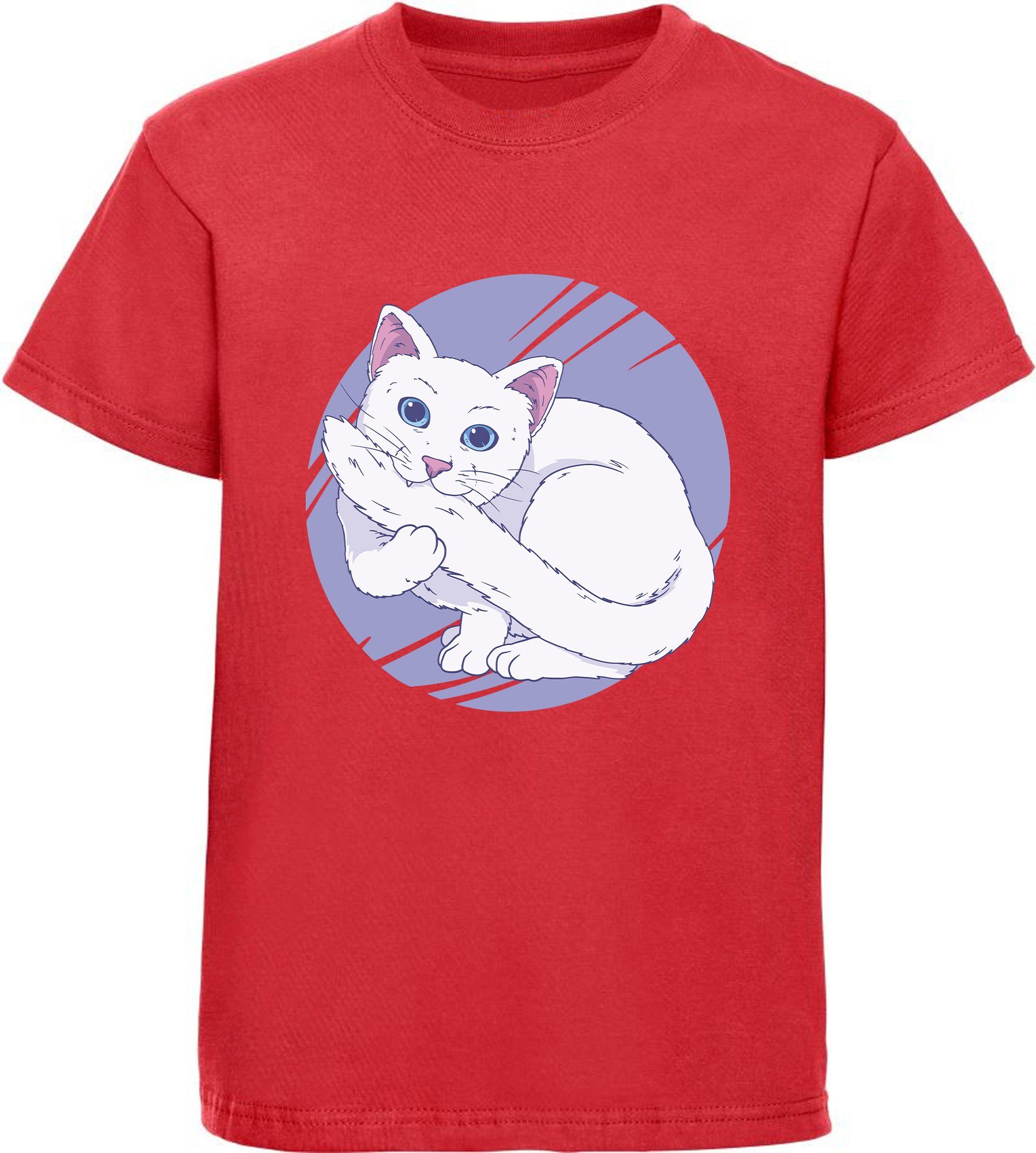 mit Baumwollshirt beißt Katze bedrucktes Mädchen Schwanz weiß, T-Shirt Ihren Aufdruck, schwarz, in weiße Print-Shirt i127 rot, MyDesign24 rosa, die