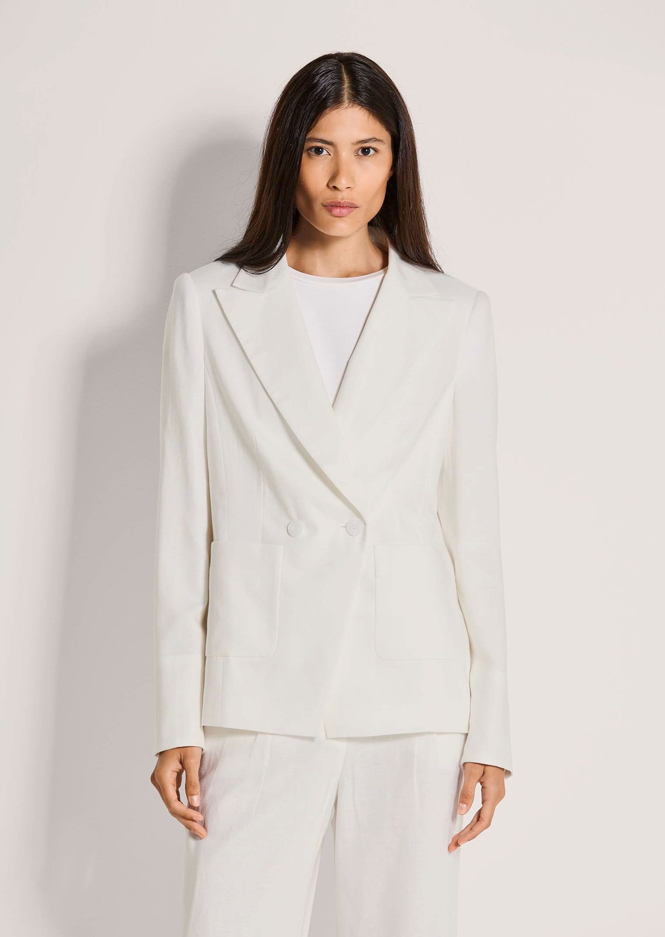 MADELEINE Kurzblazer Eleganter Zweireiher mit Reverskragen Leinenblazer mit aufgesetzten Taschen, Knopfverschluss und Langarm