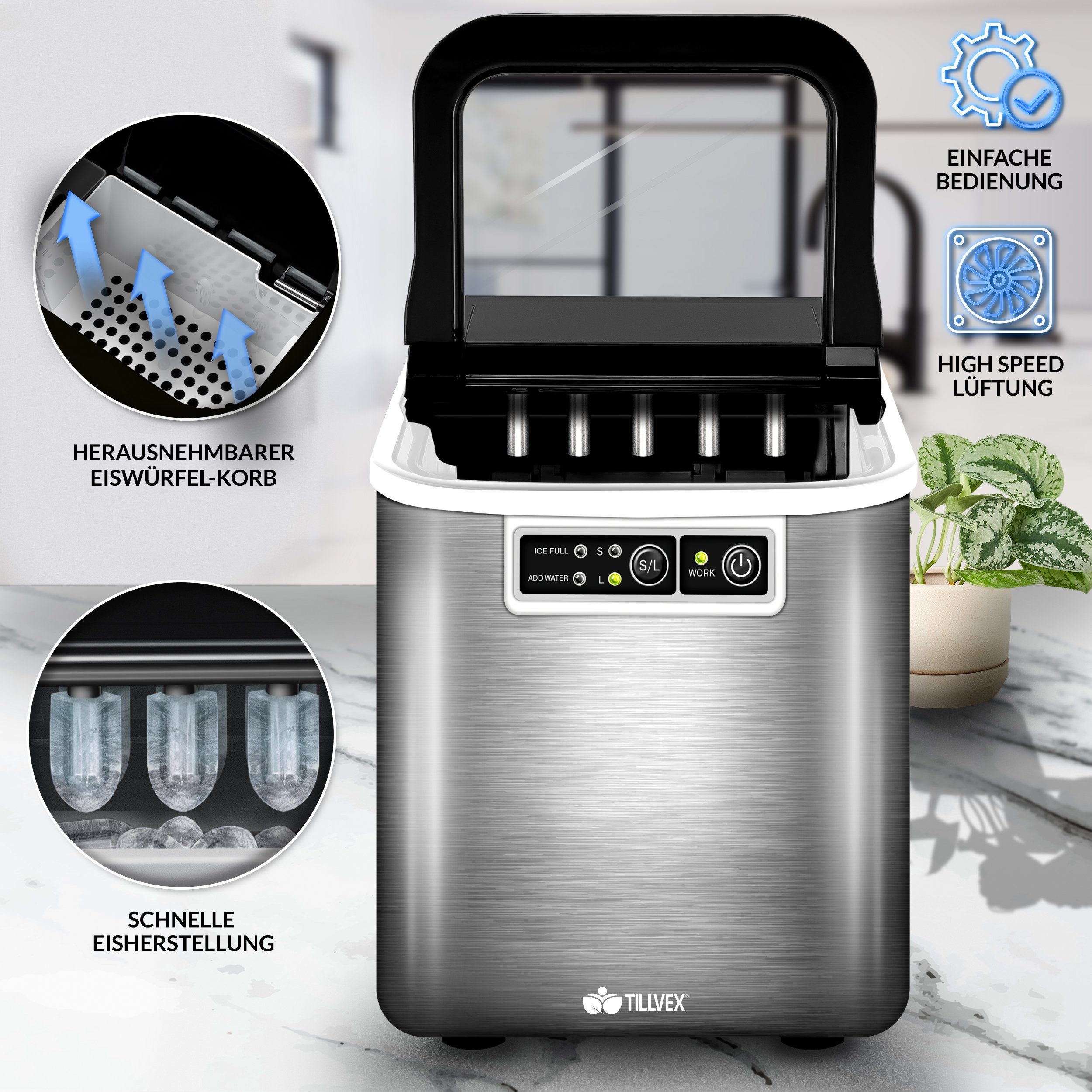 tillvex Eiswürfelmaschine 2,2 Liter Wassertank Ice-Maker LED-Display & Selbstreinigungsfunktion, Edelstahl 12 kg - 24 h, Eiswürfelbereiter