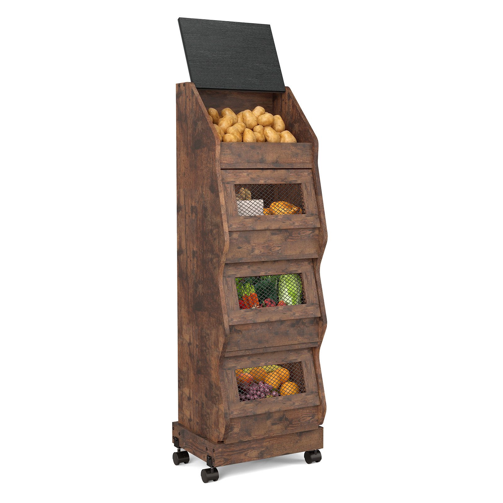 Puluomis Vorratsdose Vorratsdose Kartoffelbox, Gemüsebox mit Rollen, Kartoffelkiste, (Gemüsebehälter mit Belüftung und Brotfach, Aufbewahrung von Gemüse und Obst, Kartoffelbox braun schwarz)