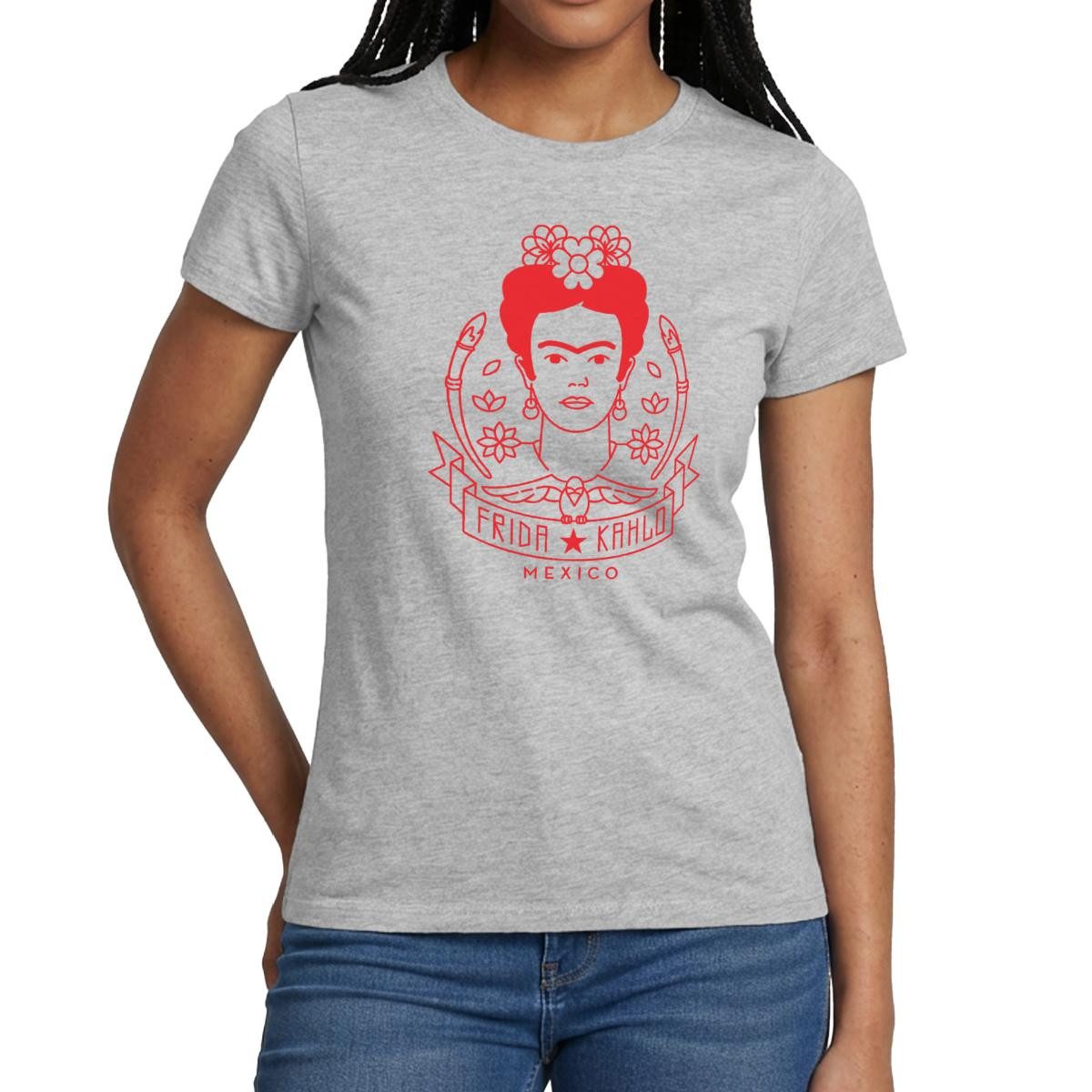 T-Shirt Frida Kahlo Portrait Blumenkranz Rot Frauen T-Shirt