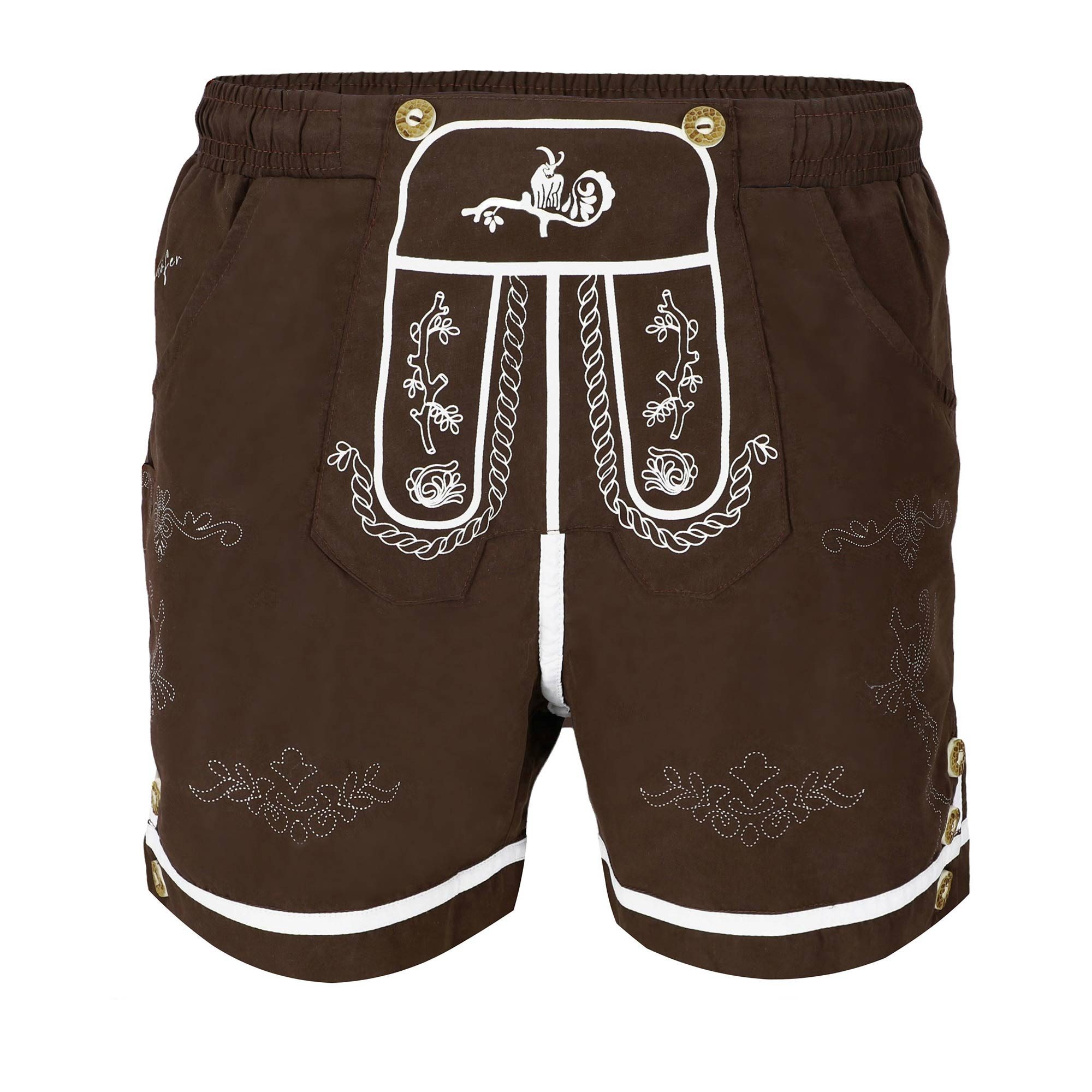 Steigenhöfer Manufaktur Trachtenhose Badehose Herren - Xaver - Lederhosen Look - Trachten Badehose Bequem mit Netzinnenhose - Umklappbarer Latz - Badeshorts mit Taschen