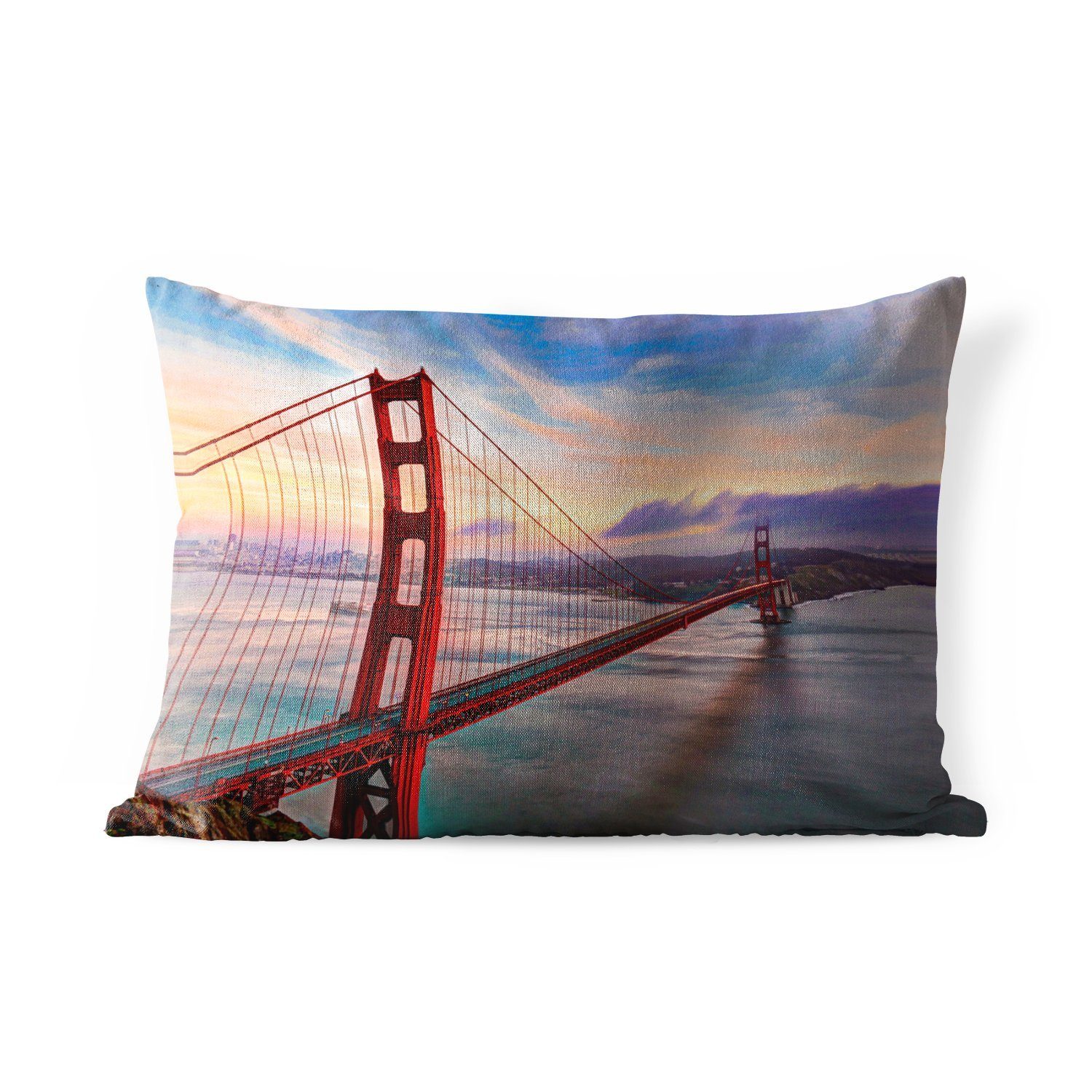 MuchoWow Dekokissen Farbenfroher Sonnenuntergang über der Golden Gate Bridge in San, Outdoor-Dekorationskissen, Polyester, Dekokissenbezug, Kissenhülle