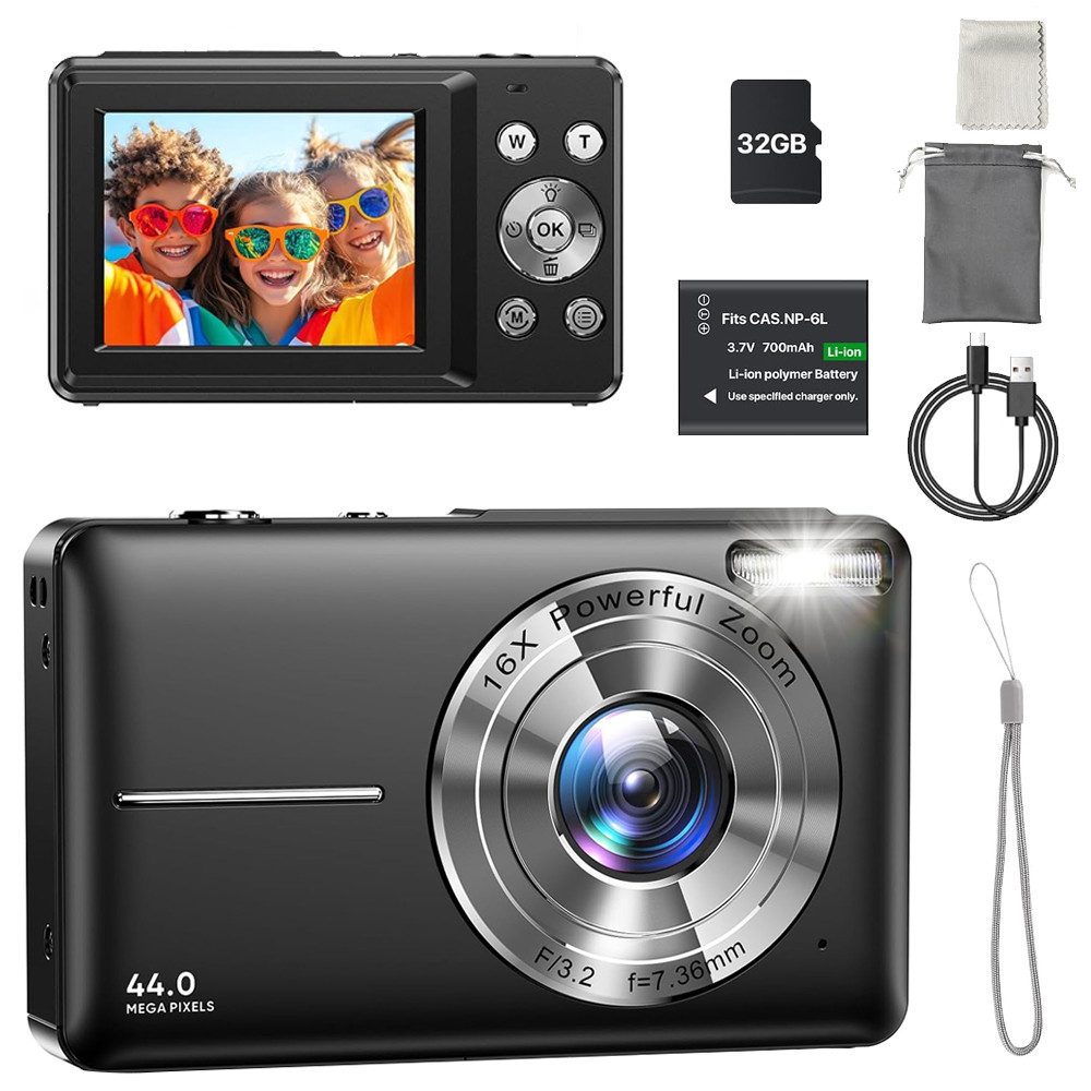 TUWENA Digitalkamera 1080P44MP Fotokamera mit 32G Karte 1Akku 16X Digitalzoom Kompaktkamera (44 MP, Fotoapparat Tragbare Kompaktkamera 2,4"LCD für Kinder Teenager Student)