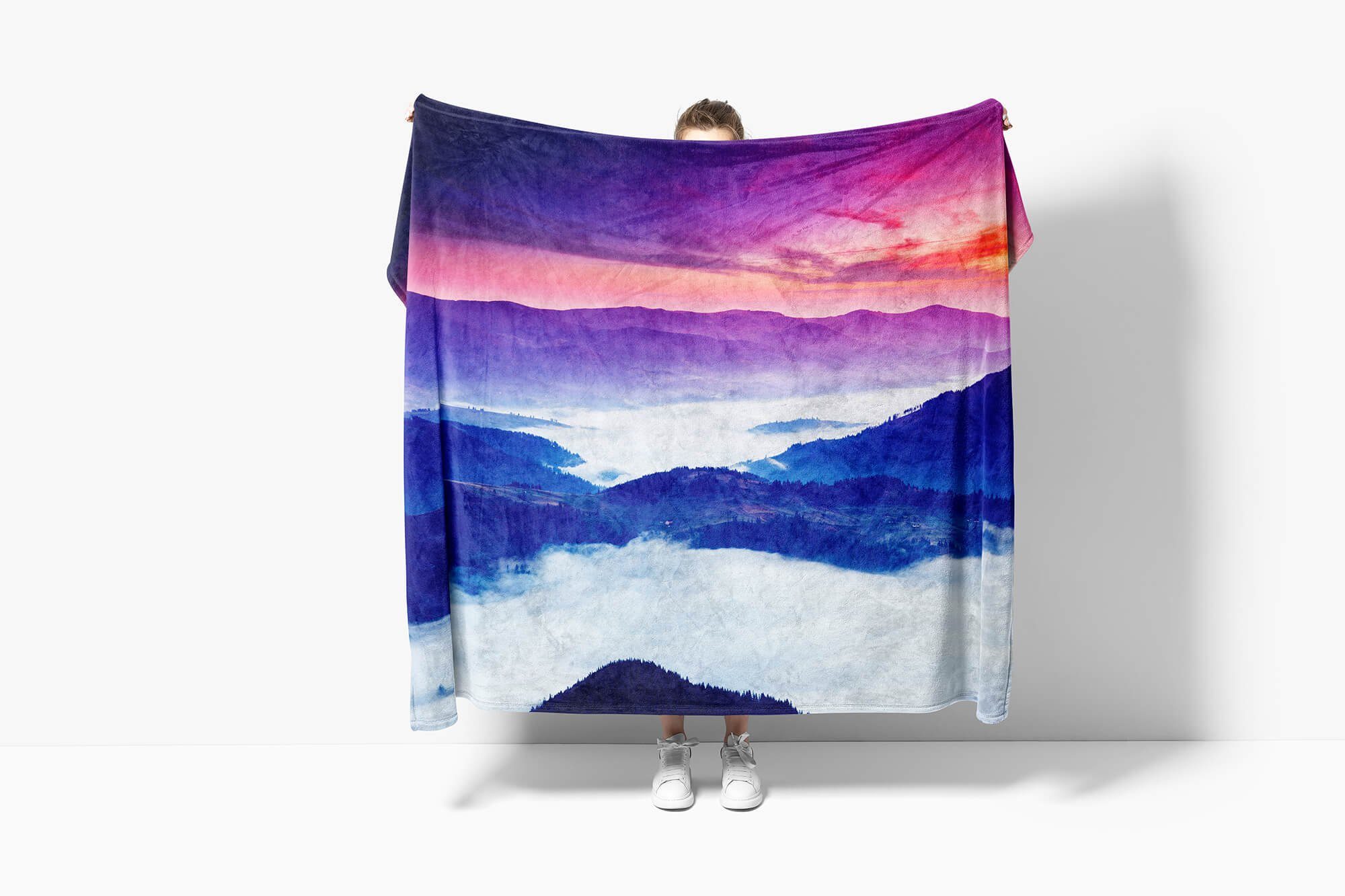 Friedl, (1-St), Baumwolle-Polyester-Mix Abendröte Handtuch Handtücher Kuscheldecke Sinus Berge mit Strandhandtuch Art Handtuch Fotomotiv Saunatuch Nebel