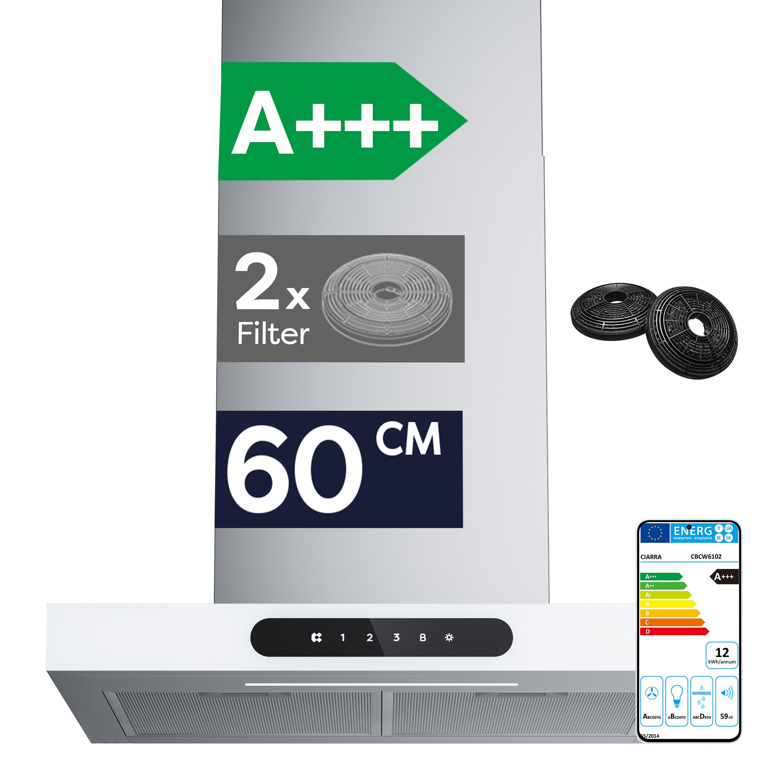 CIARRA Wandhaube 60 cm Dunstabzugshaube A+++ 650 m³/h Umluft & Abluft 4 Stufen VM6102W Serie CIARRA Dynamic 60 cm Dunstabzugshaube A+++ 650 m³/h Umluft & Abluft 4 Stufen VM6102W, Kaminhaube leise WIFI-APP Touch Control Inkl. BOOST mit 2*Kohlefilter