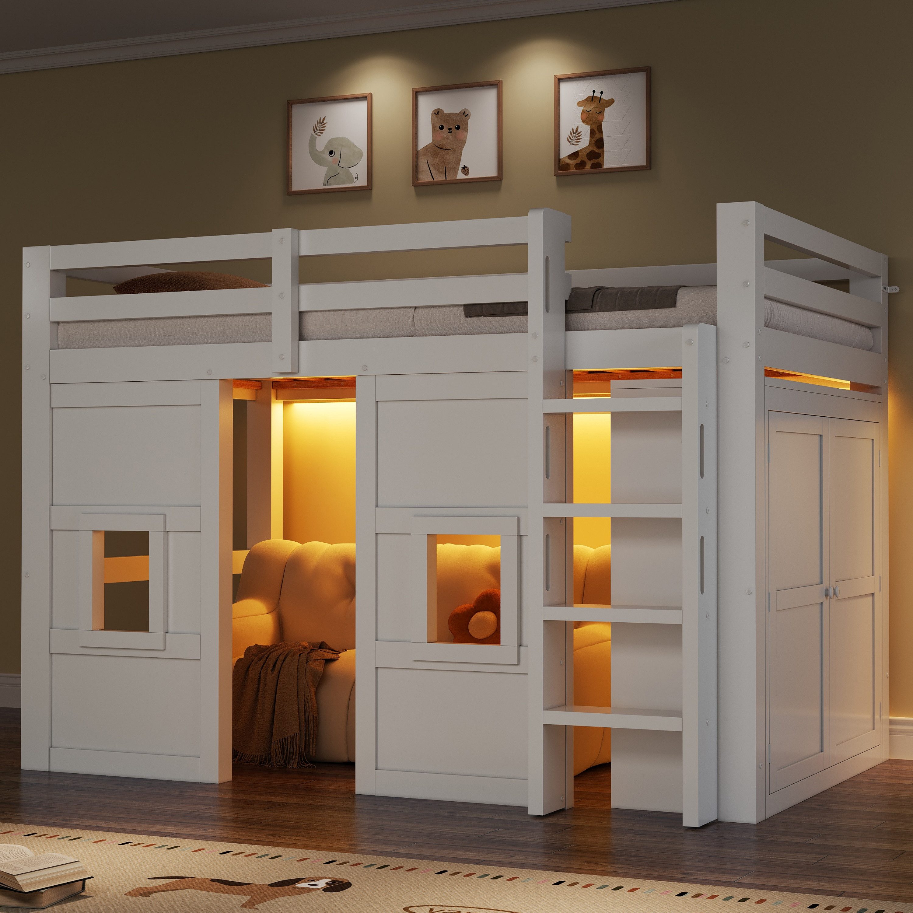 OKWISH Hochbett mit integriertem Kleiderschrank (LED-Beleuchtung und Fenstern, 1-St., 204.4 x 95 x 148)