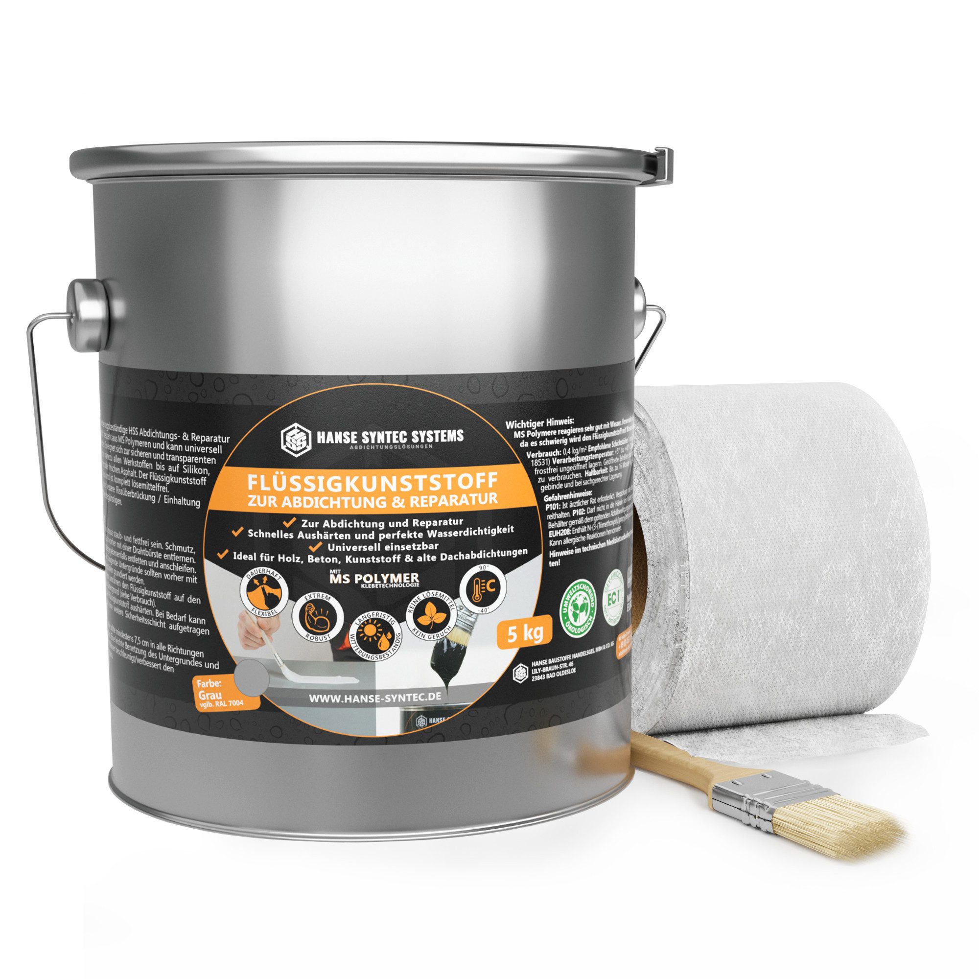Hanse Syntec Systems Dichtstoff HSS Flüssigkunststoff Abdichtungsset inkl. Pinsel & Vlies, geeignet für alle Untergründe außer Silikon, frischen Bitumen/Asphalt
