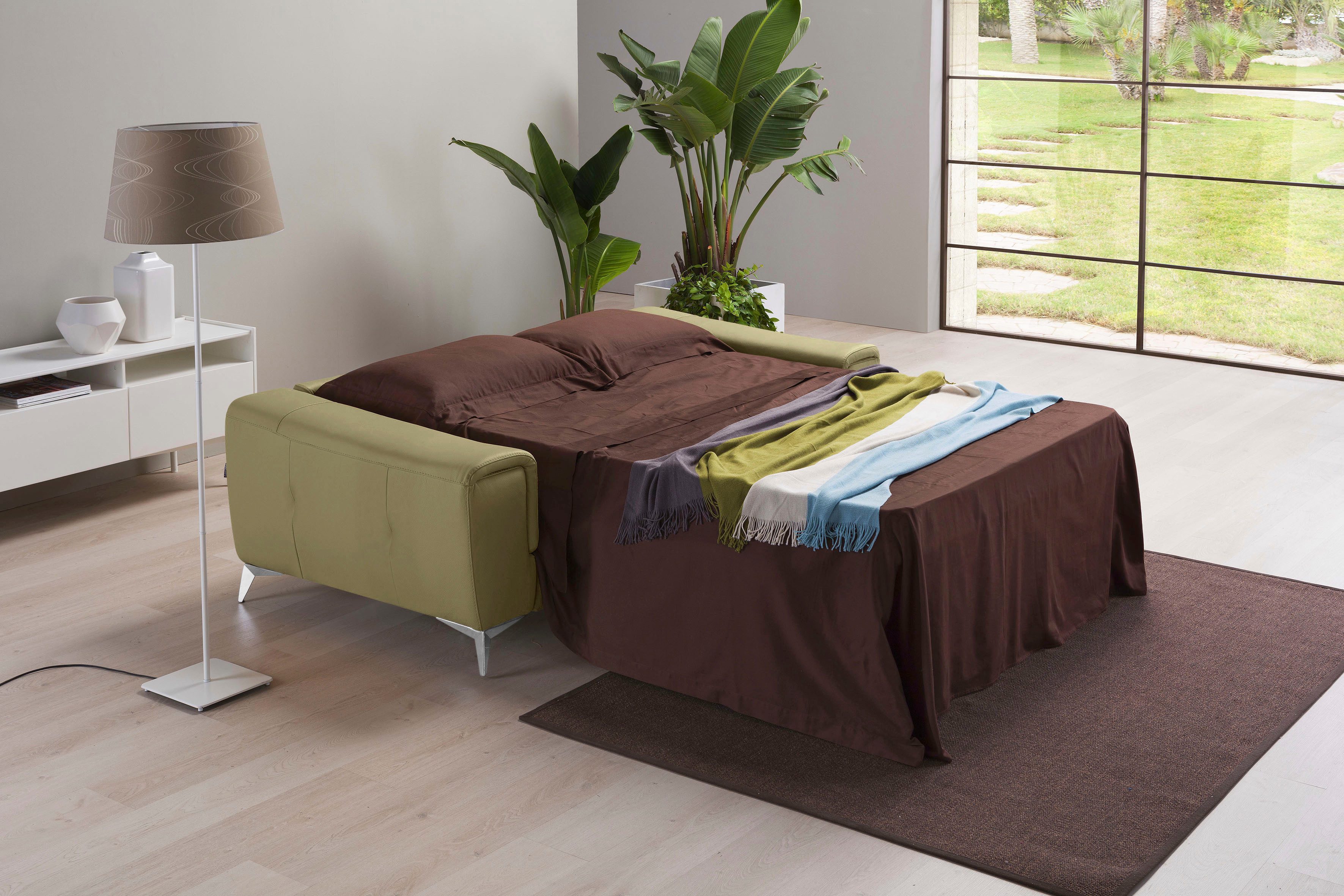 Egoitaliano Schlafsofa Francine Designsofa, Loungesofa mit Dauerschlaffunktion, Breite 233 cm, mit Bettfunktion, Leder BULL, salbei, Fußfarbe chrom