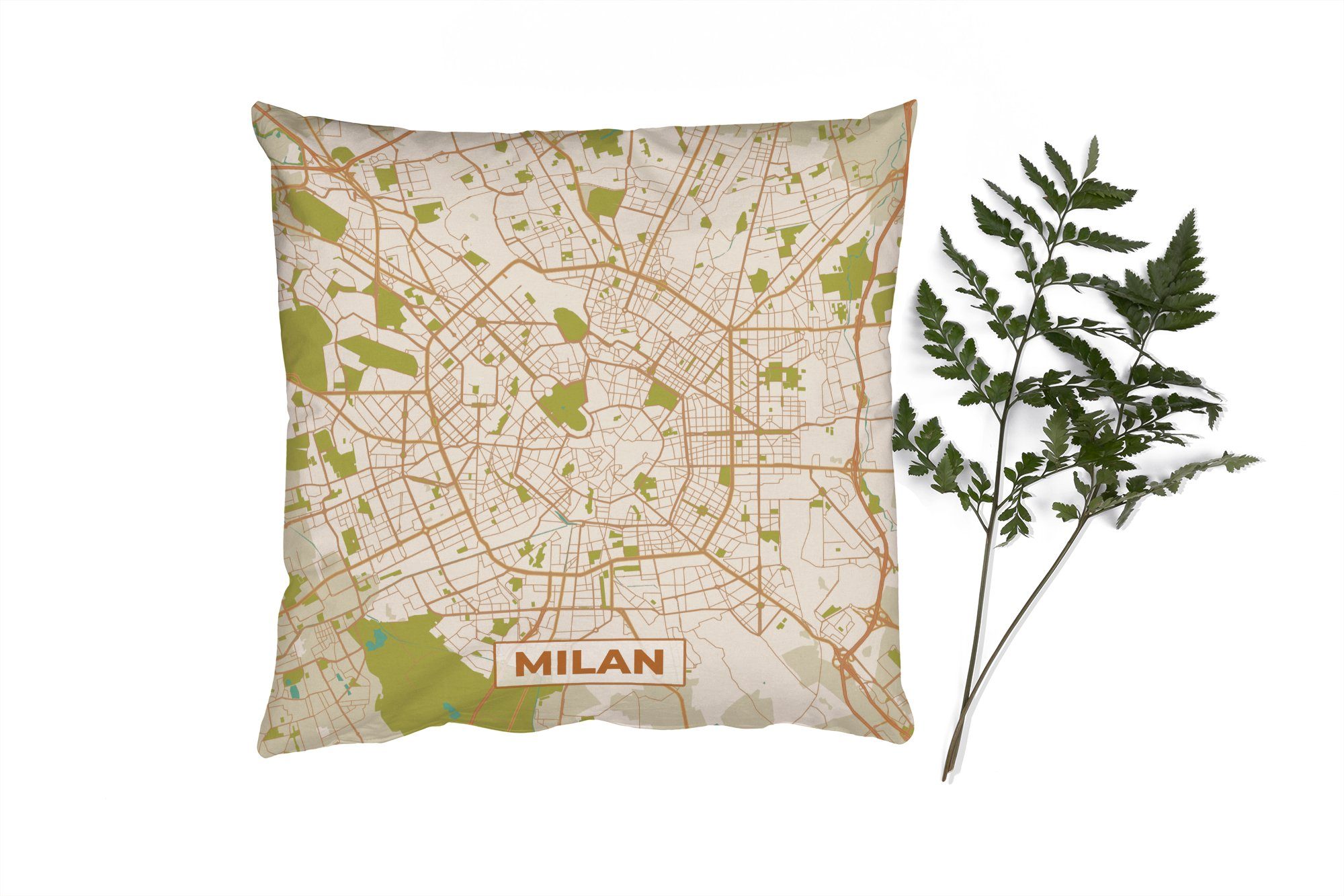 MuchoWow Dekokissen Karte - Mailand - Vintage - Stadtplan - Karte, Zierkissen mit Füllung für Wohzimmer, Schlafzimmer, Deko, Sofakissen