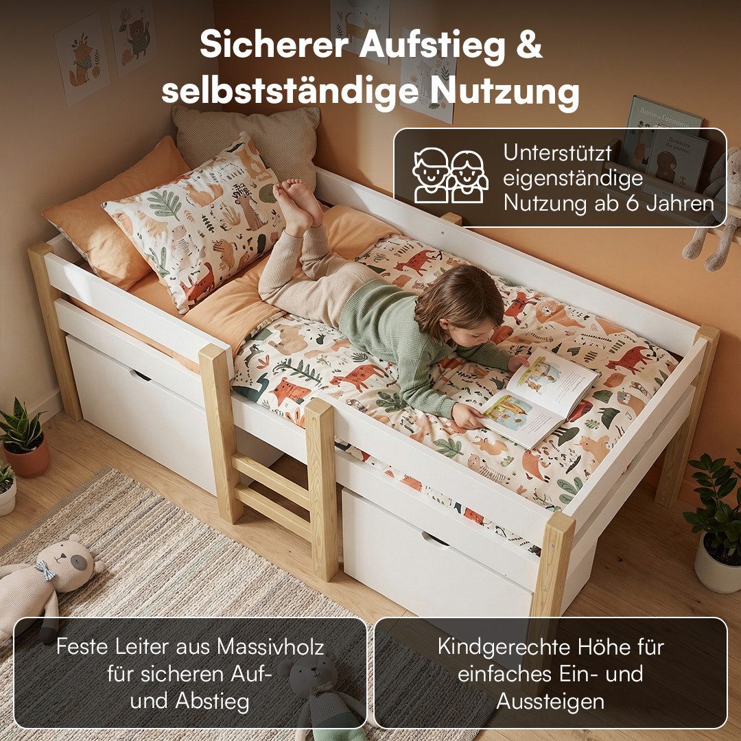 Bellabino Hochbett Aspy mit Rausfallschutz und Lattenrost 90x200 cm (natur / weiß, mit Matratze und 2 Schubladen) verfügbar in verschiedenen Ausführungen – Bild 3 von 5