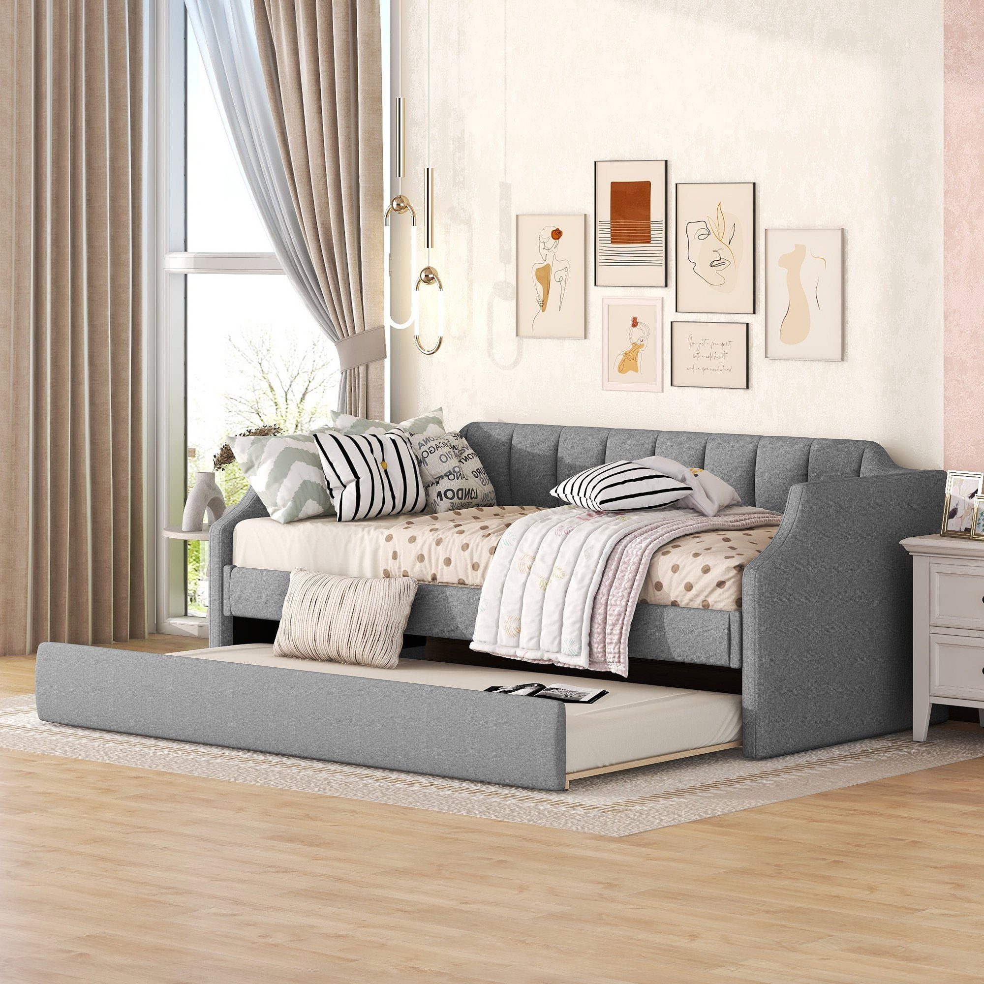 REDOM Schlafsofa 90 x 200(190) cm Bett Einzelbett ausziehhare Liegeffäche Gästebett, Gepolstertes Single Daybed mit Rollbett, Ohne Matratze, Ohne Matratze grau