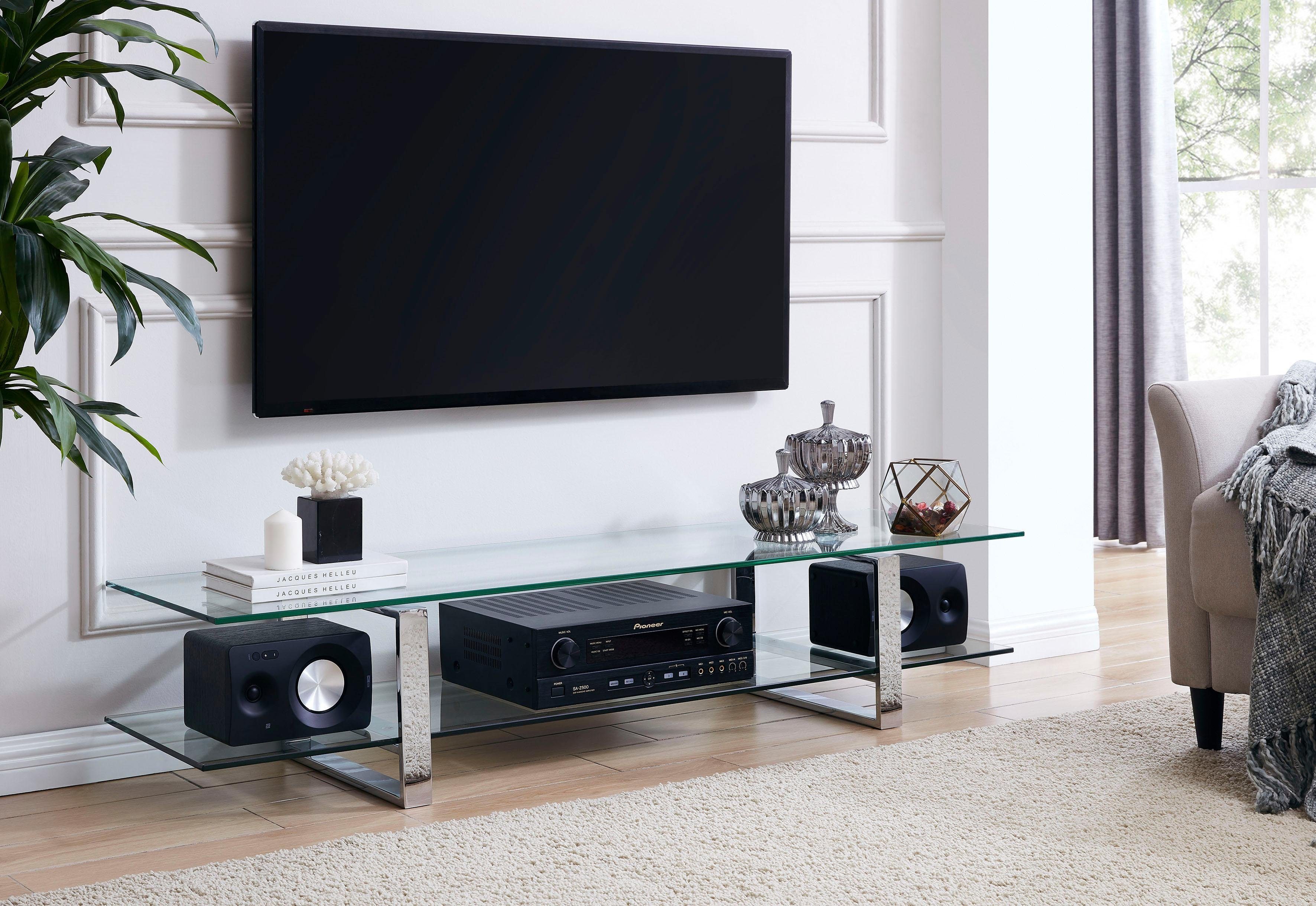 Leonique TV-Board »Colmar«, mit zwei Glasablageflächen Klarglas oder weiß  Marmoroptik, Fernsehtisch mit Chromgestell online kaufen | OTTO