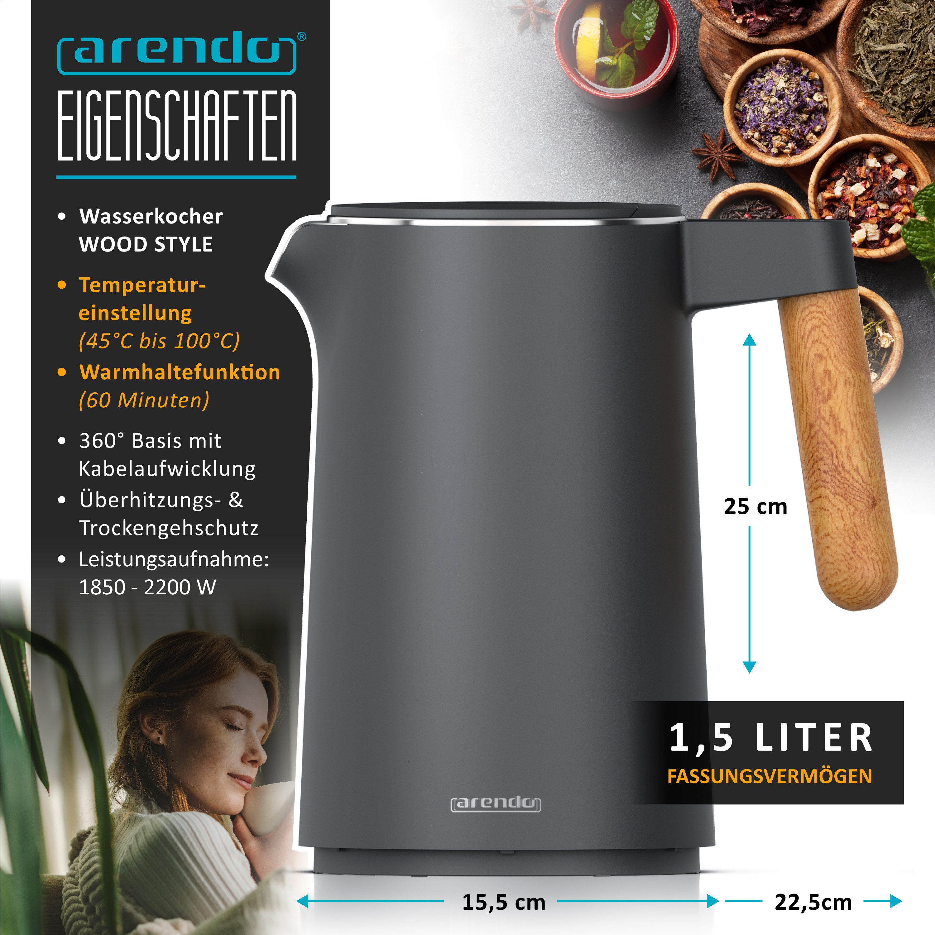 Arendo Wasserkocher Edelstahl, Doppelwand, Temperatureinstellung 40° - 100 °C mit Anzeige, 1,5 l, 2200 W, Warmhaltefunktion, 360° Basis, mit Griff in Holzoptik, BPA-frei