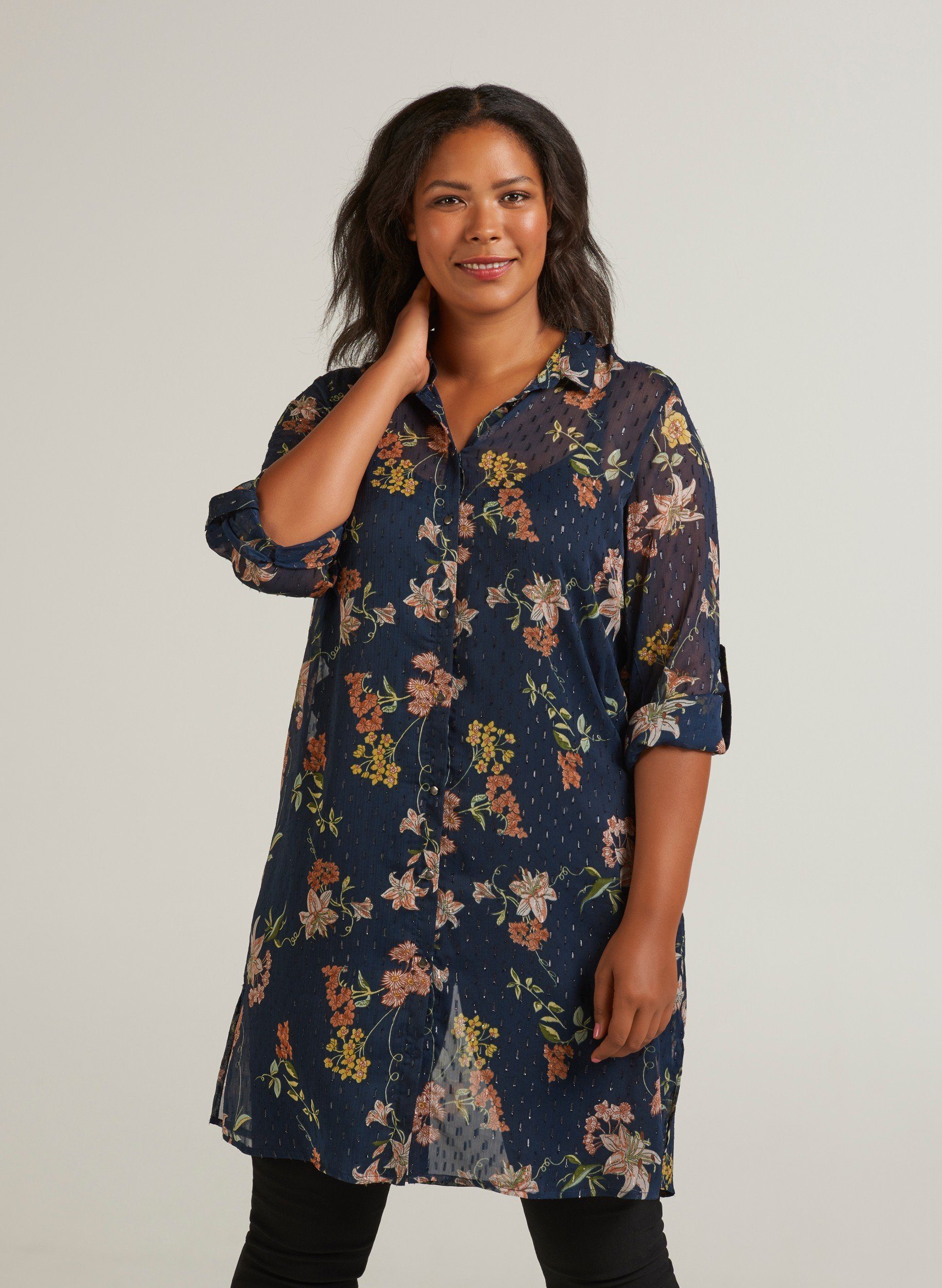 Zizzi Hemd Damen Große Größen Longbluse Blumenmuster Langarm Transparent  Bluse online kaufen | OTTO