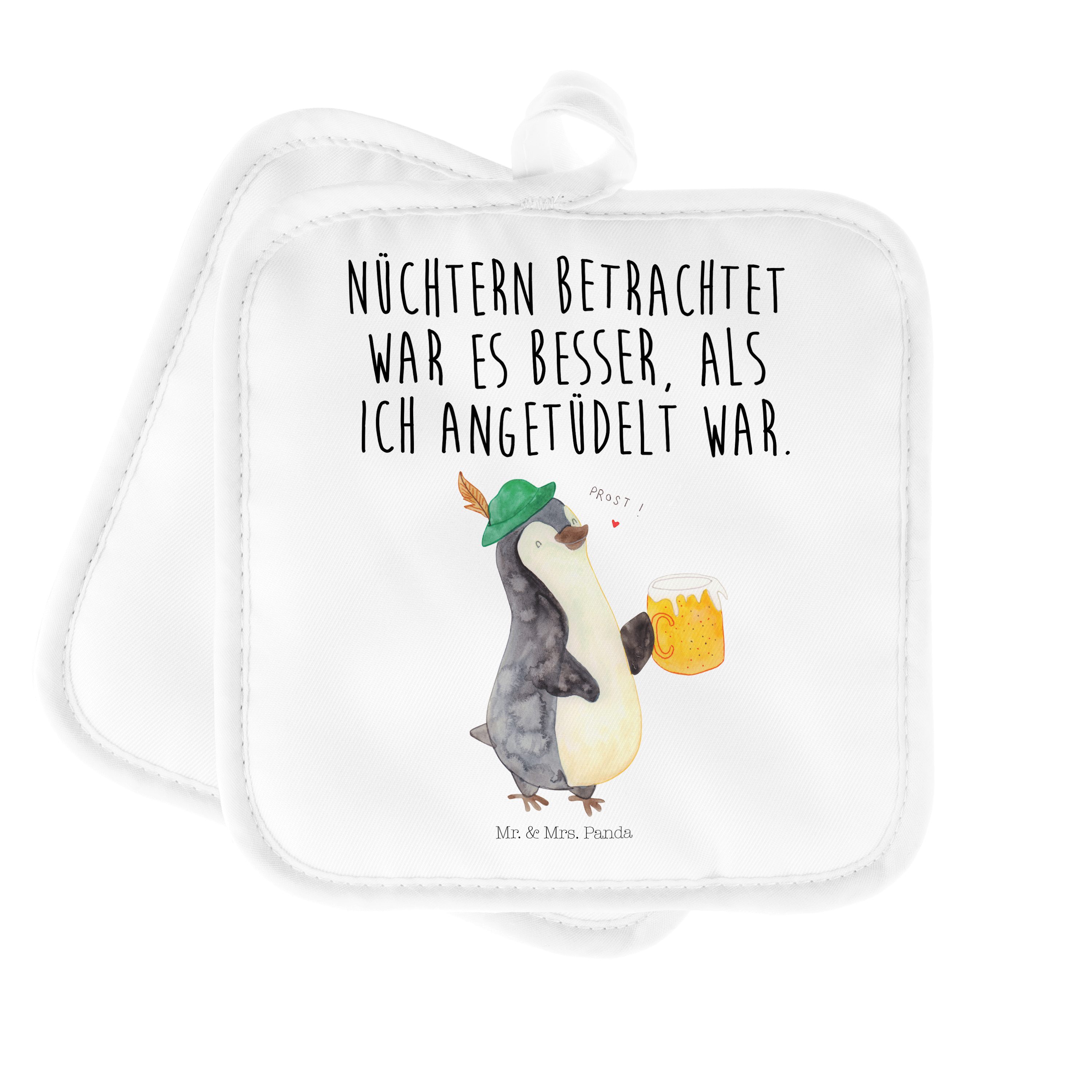 Mr. & Mrs. Panda Topflappen Pinguin Bier, Topfuntersetzer, Weiß, Angetüdelt, Kochlappen, Topflapp, (Packung, 1-tlg)