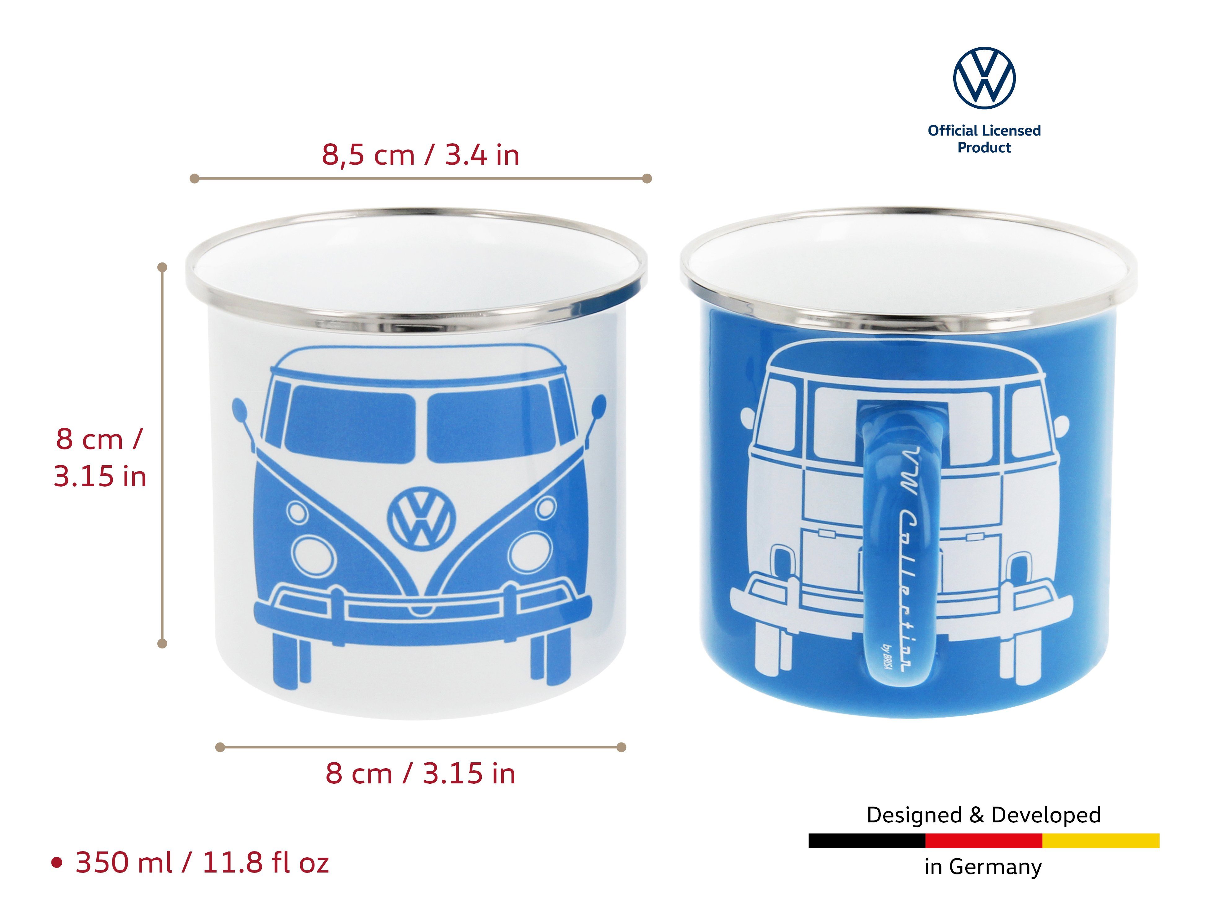 VW Collection by BRISA Teetasse Designs für Bus & Front/Blau Outdoor verschiedenen Weiß Tasse & 2er Teebecher, Emaille, T1 Emaille in Kaffeetasse, Volkswagen Set Camping