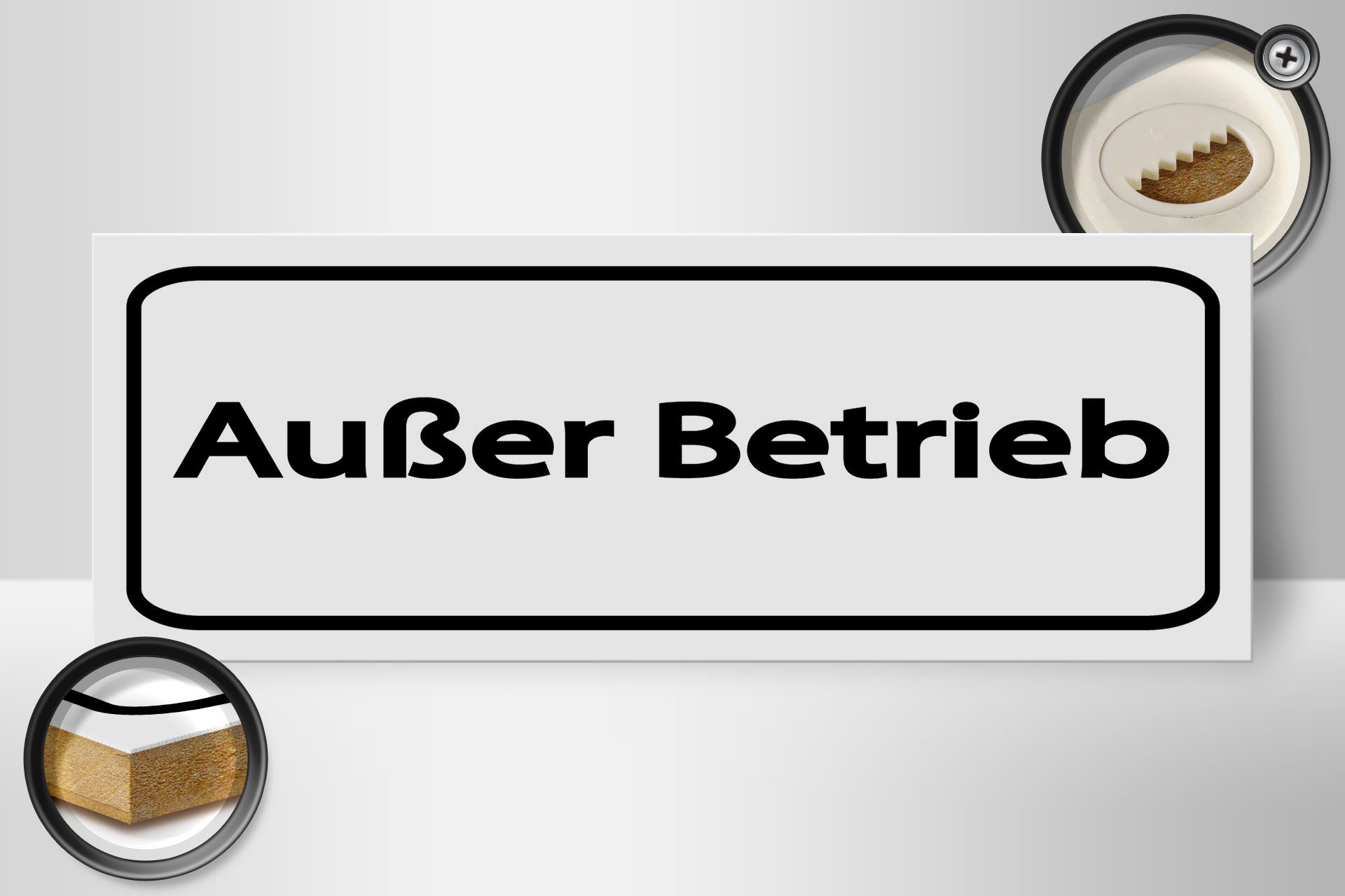 Femer GmbH Holzbild Hinweis 27x10 cm Außer Betrieb weißes, (1 St), Glatte Holzfaserplatte (MDF), vorn beschichtet