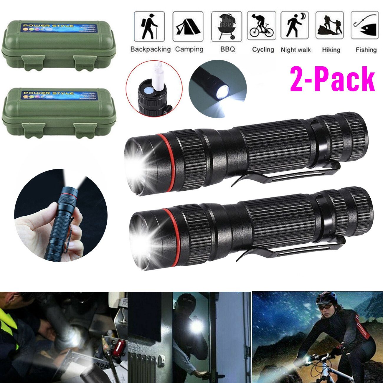 Fine Life Pro Taschenlampe LED-Taschenlampe, 2 Stück, USB, 3 Modi, zoombar, inkl. Ladekabel und Box