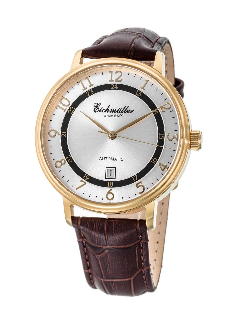 Eichmüller Automatikuhr RE7015, 42 mm – Herren-Armbanduhr mit IP-goldenem Gehäuse, silbernem Zifferblatt & braunem Lederband