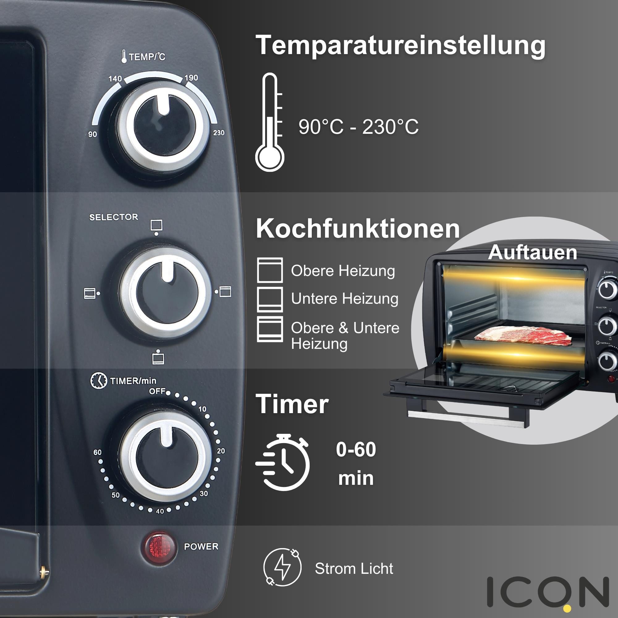 ICQN Kleinküche ICQN Minibackofen 15 Liter, 1200W, 90-230°C, 60 min. Timer, Anthrazit, 3 Kochfunktionen, 60 min, Doppelverglassung, 90-230°C