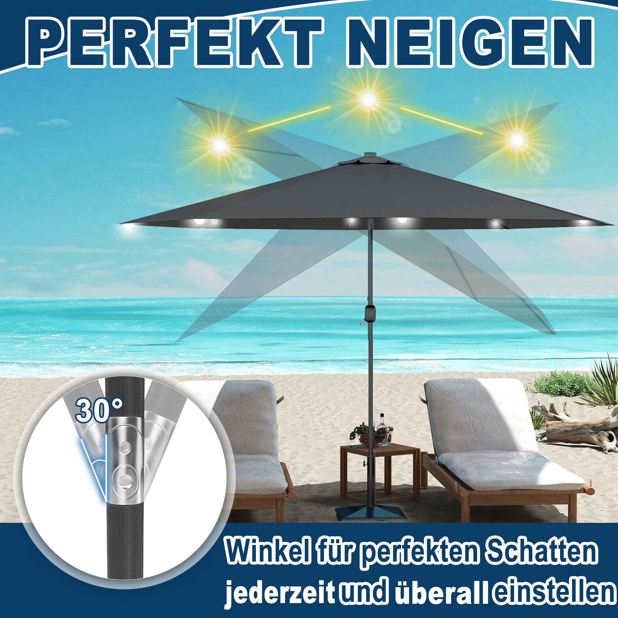 FIVMEN Sonnenschirm 300cm Solarbetriebene mit LED Sonnenschirm mit Kurbel Marktschirm, UV-Schutz Kurbelschirm für Garten & Terrasse – Bild 4 von 5