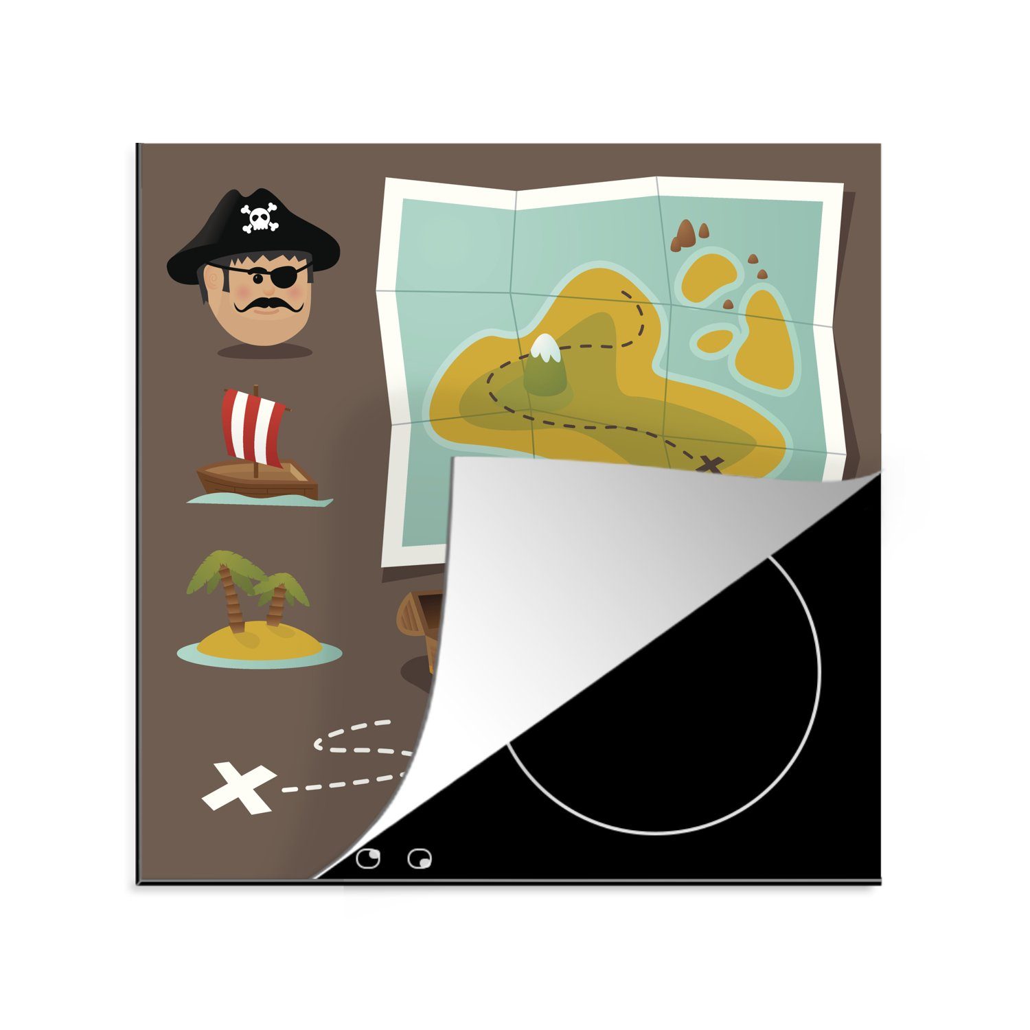MuchoWow Herdblende-/Abdeckplatte Kinderillustration einer Schatzkarte und eines Piraten mit Attributen, Vinyl, (1 tlg), 78x78 cm, Ceranfeldabdeckung, Arbeitsplatte für küche