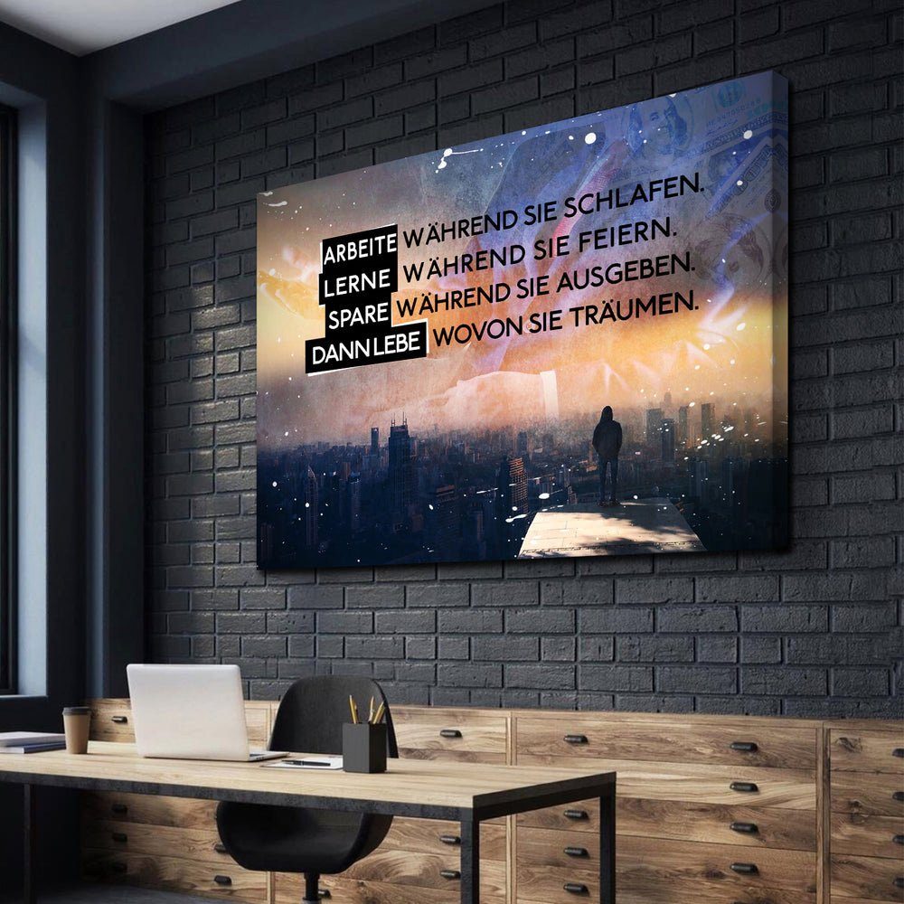 Leinwandbild Leinwandbild, schwarzer Deutsch, Träume - - verwirklichen Skyl Premium Rahmen Motivationsbild DOTCOMCANVAS® -