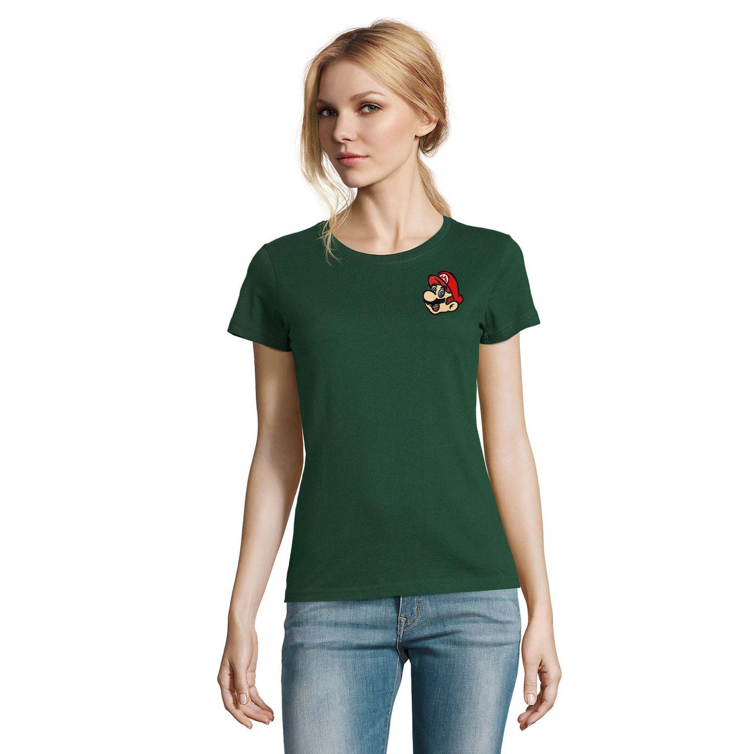 Blondie & Brownie T-Shirt Damen T Shirt mit Retro Gaming Klempnermotiv als Brustpatch (Einzelartikel) Retro-Konterfei mit Schnurrbartblick