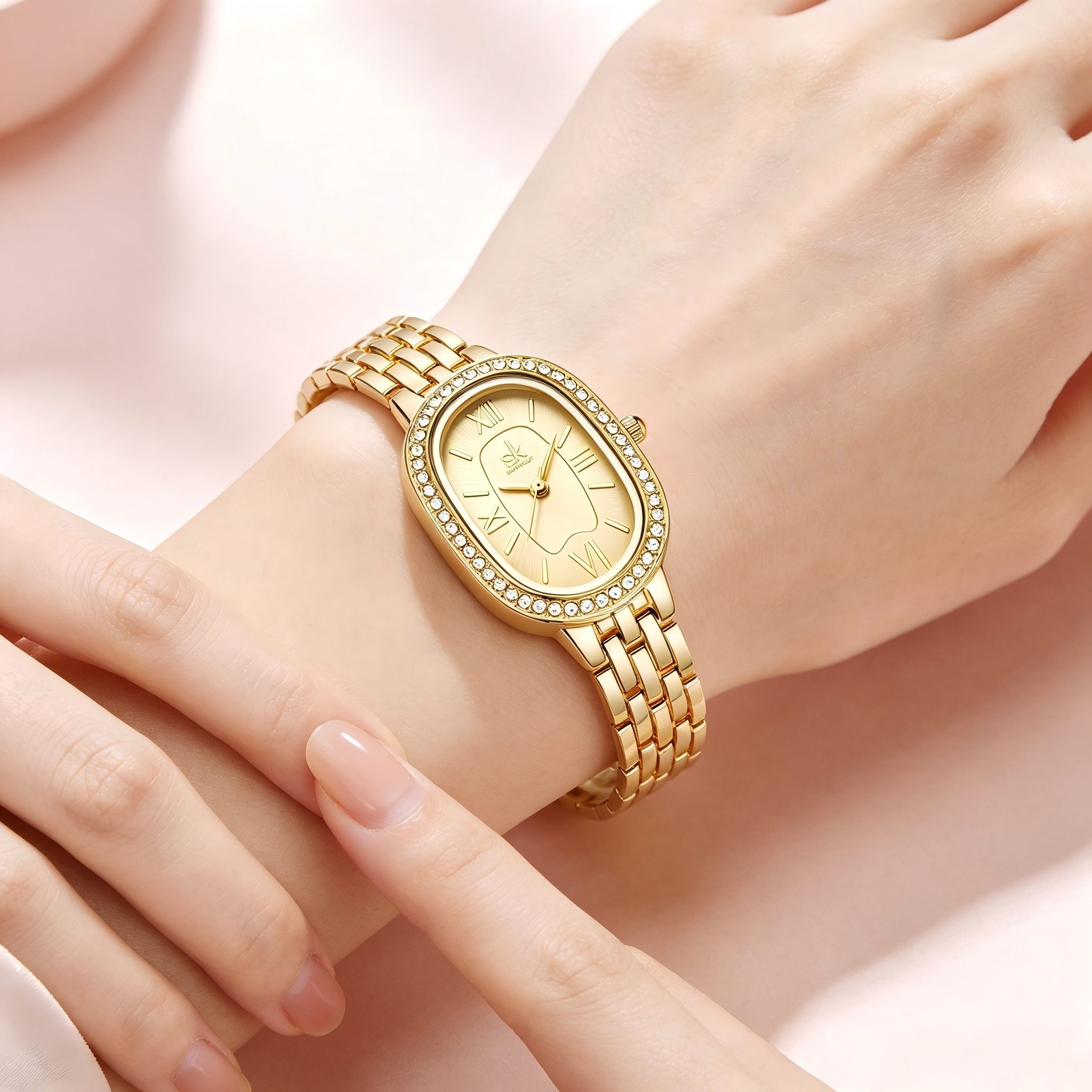 Toomoke Quarzuhr mit Kristallbesatz, goldfarbene Schmuckuhr Damen Armbanduhr, (Ovale Analoguhr mit Metallarmband und römischen Ziffern), 23 × 32 mm, 6,5 mm Höhe – Bild 4 von 5